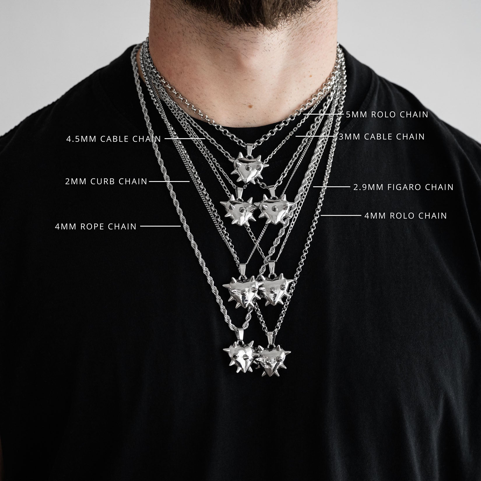 Man wearing multiple silver chain necklaces with labeled chain types on a plain background