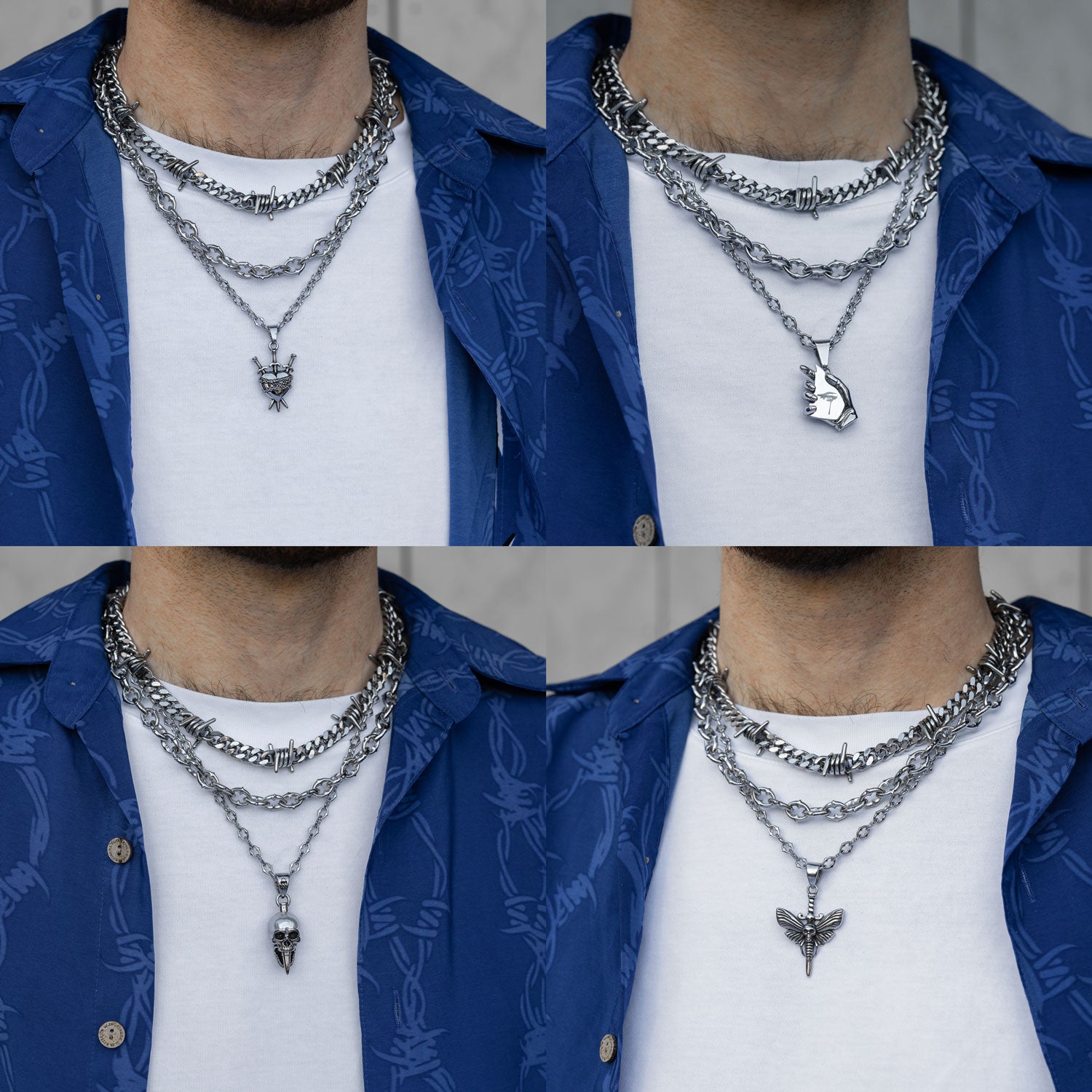 Gothic silver necklace set with barbed wire jewelry and pendant choice on model by statement collective