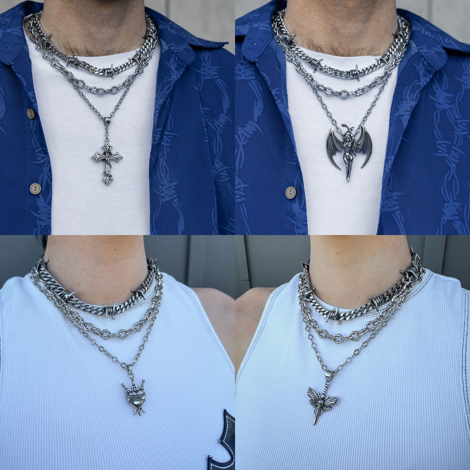 Gothic silver chain set with spiked and barbed wire jewelry with pendant choice examples on model by statement collective