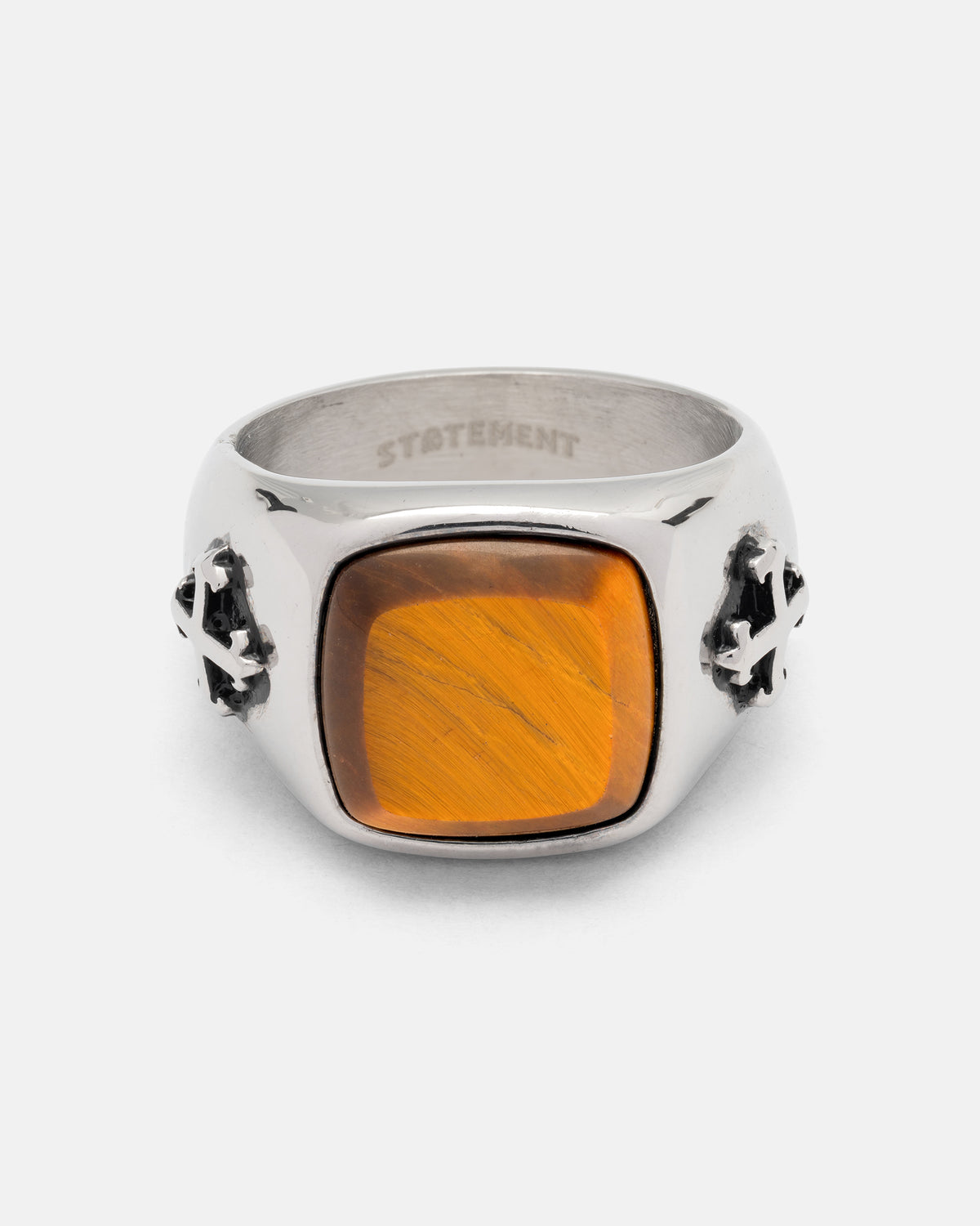 Statement Collective Tigers Eye Stone Ring in silver featuring a square gemstone and cross-shaped accents on the sides.