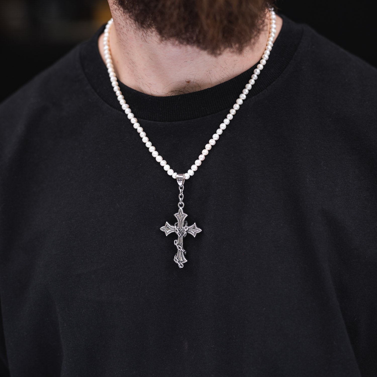 gothic cross pendant on pearl chain