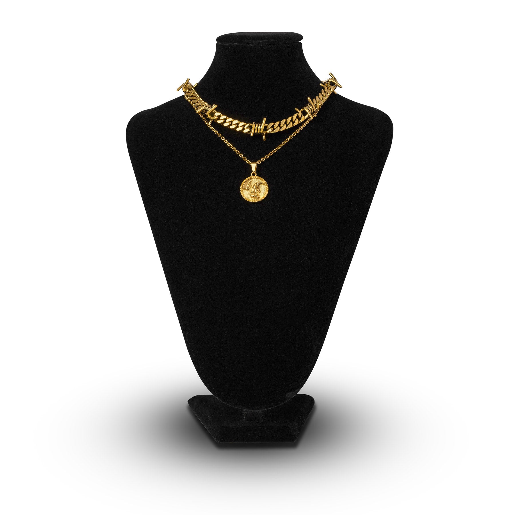 gold barbed wire cuban link chain set gold medallion necklace by statement collective