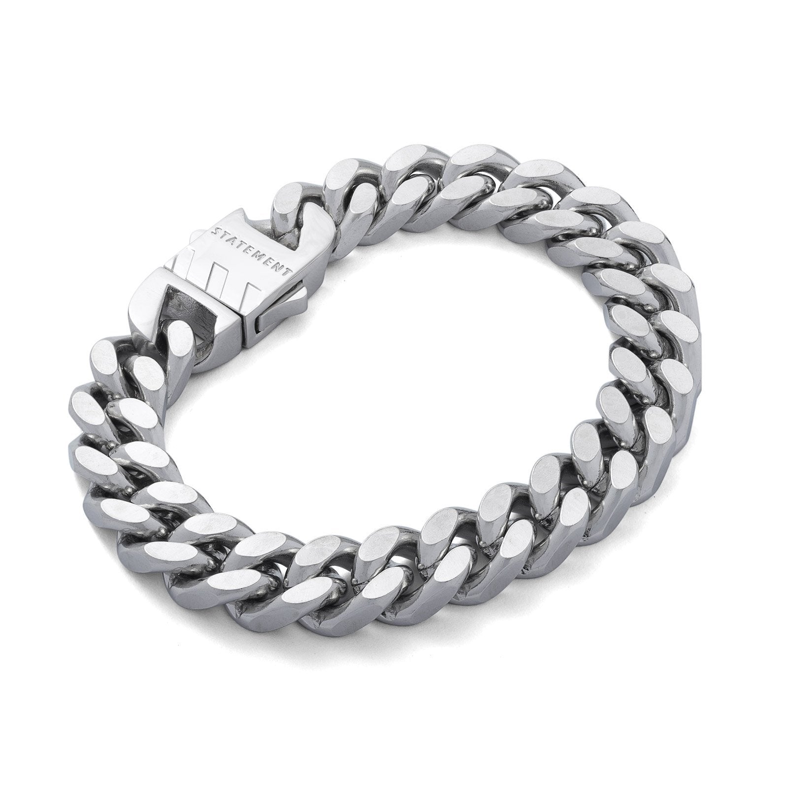 Silver cuban link bracelet with statement box clasp on white background