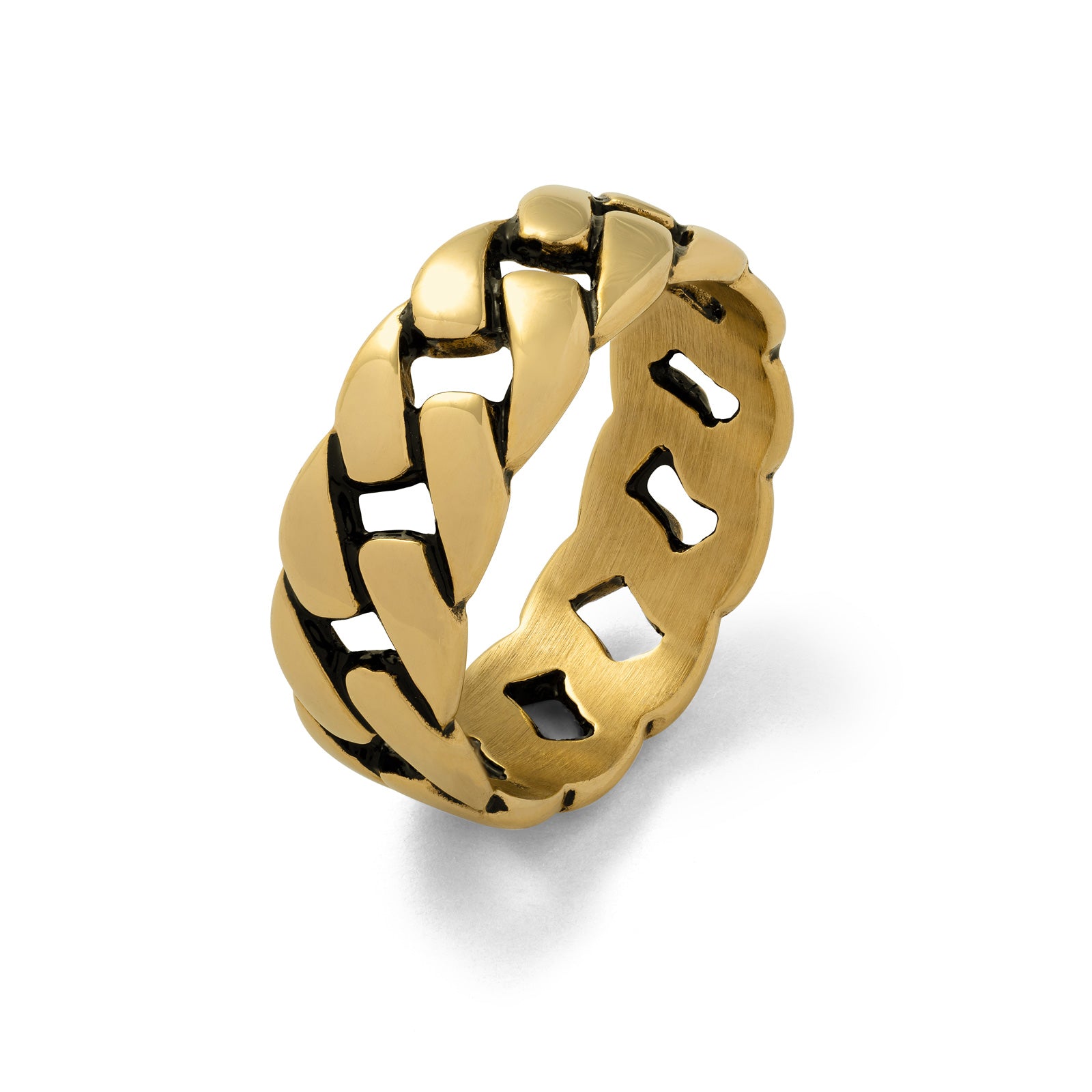 Gold cuban link style ring on white