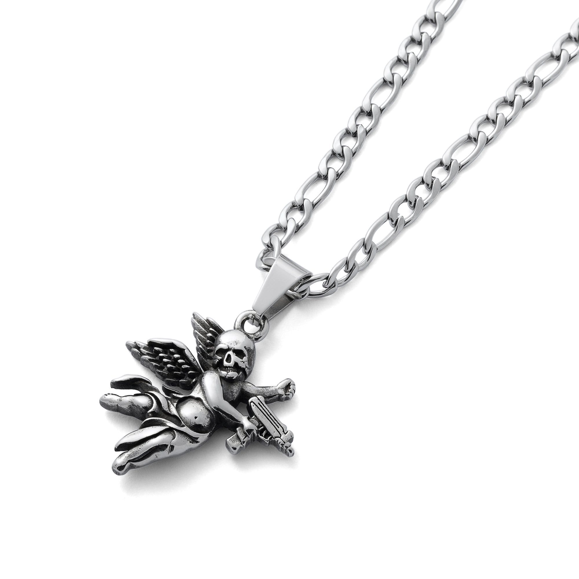 A silver necklace pendant featuring an angel with a skull face holding a machine gun, attached to a chain.