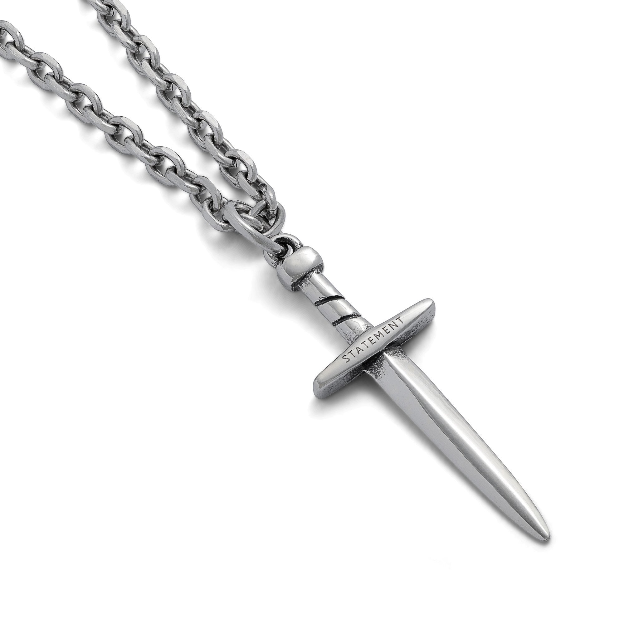 silver dagger pendant necklace with statement logo on white background