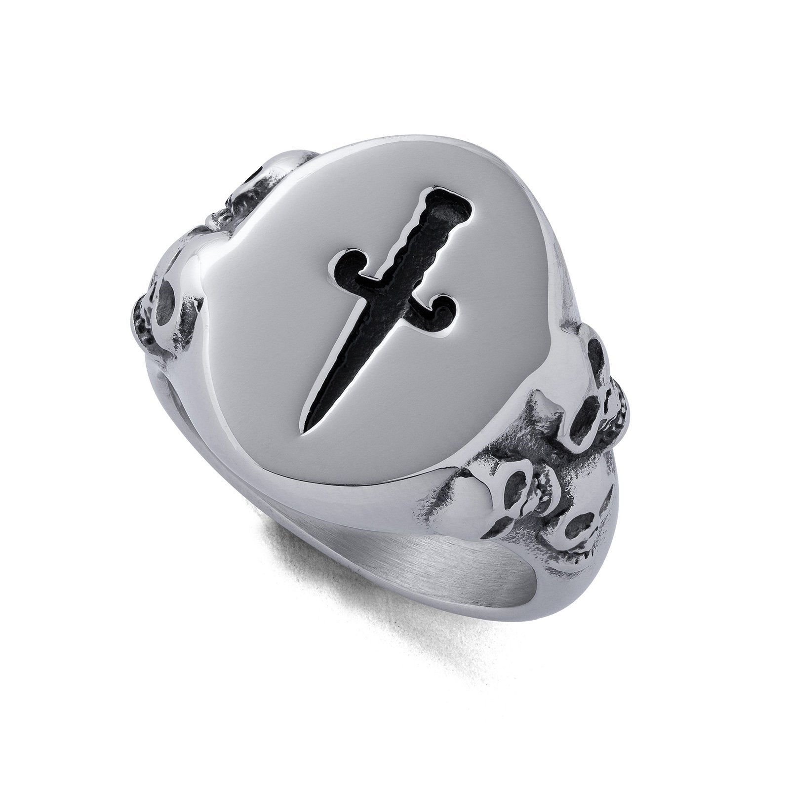stainless steel signet ring with dagger on white background