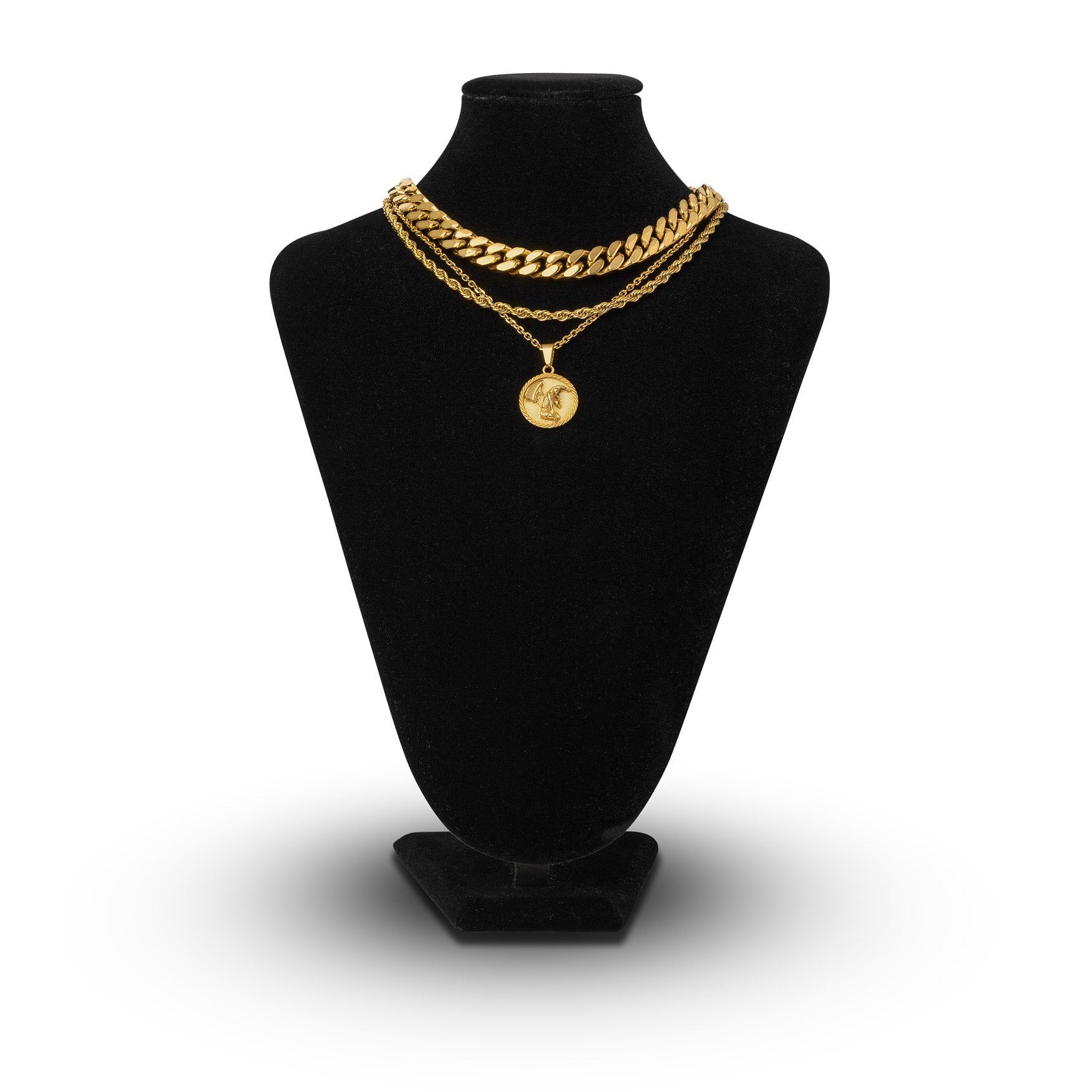 Gold cuban link rope chain set medallion pendant necklace by statement collective