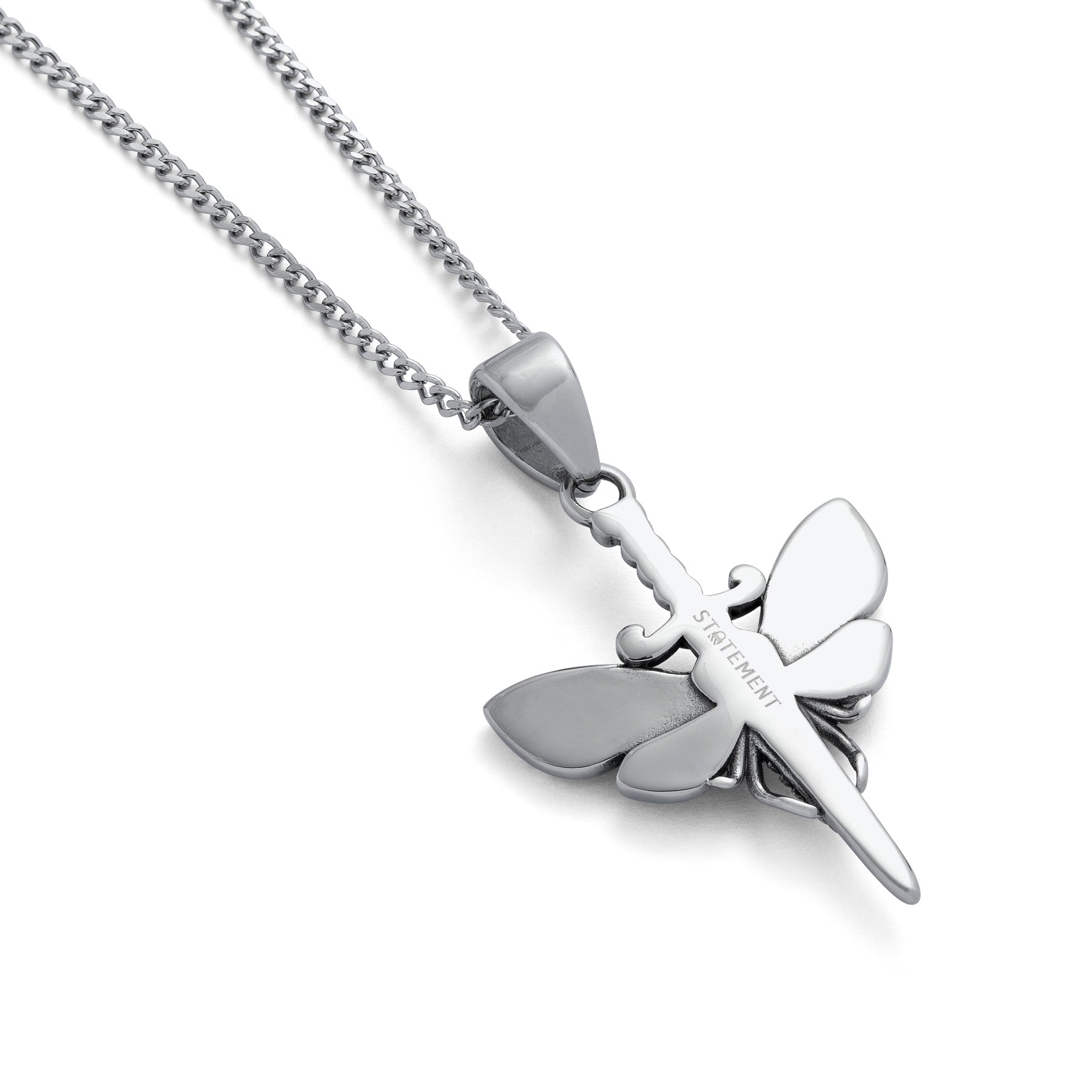 statement logo engraved on back of moth pendant necklace on white background