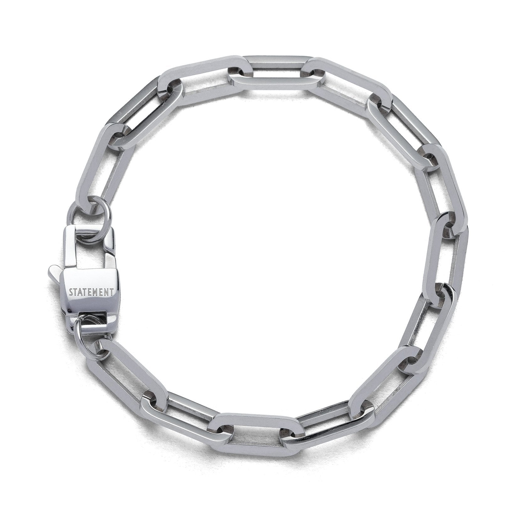 steel paperclip chain bracelet by statement collective on white background