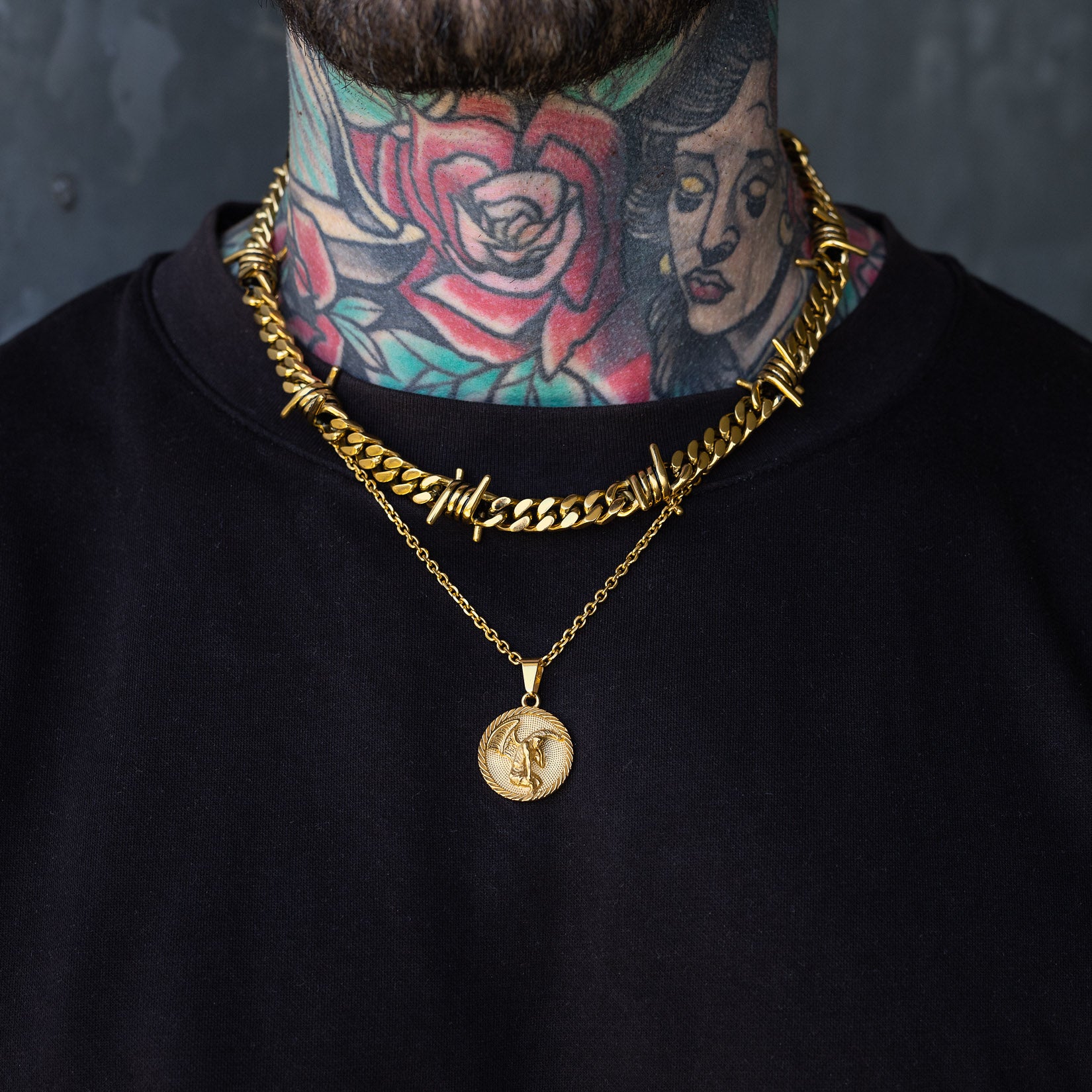 medallion pendant necklace gold barbed wire cuban chain set by statement collective