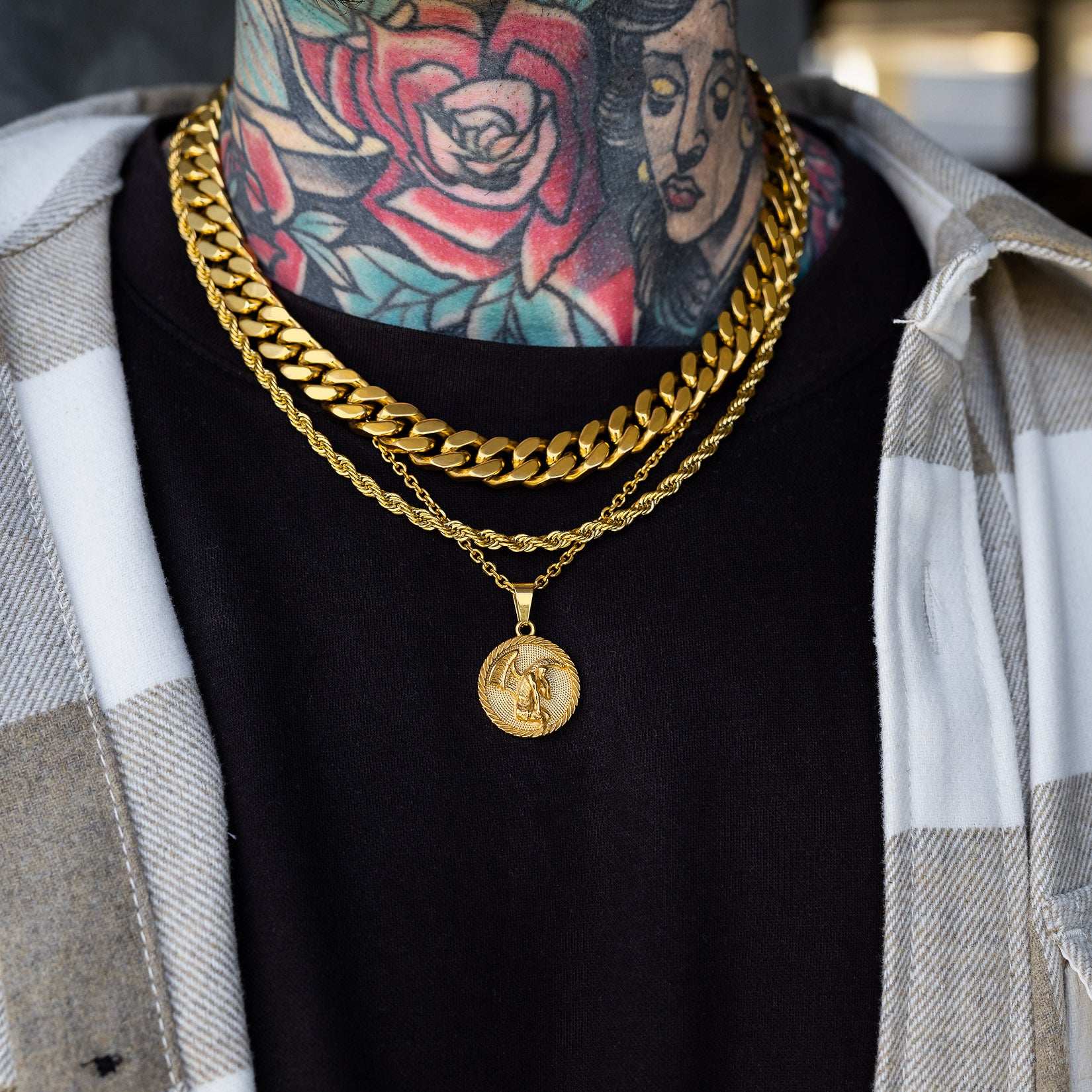 gold chain set gold cuban link rope chain medallion pendant necklace by statement collective