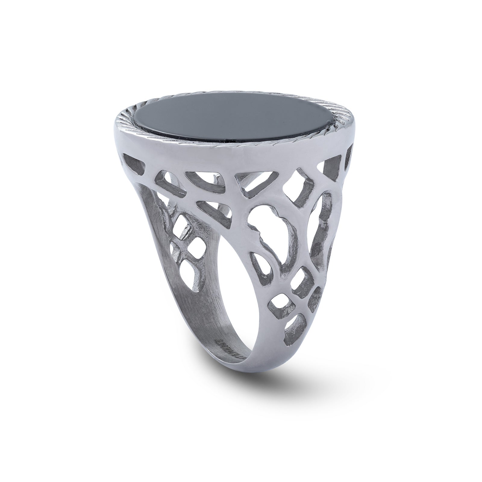 black onyx stone ring with cut out patterns on side by statement collective