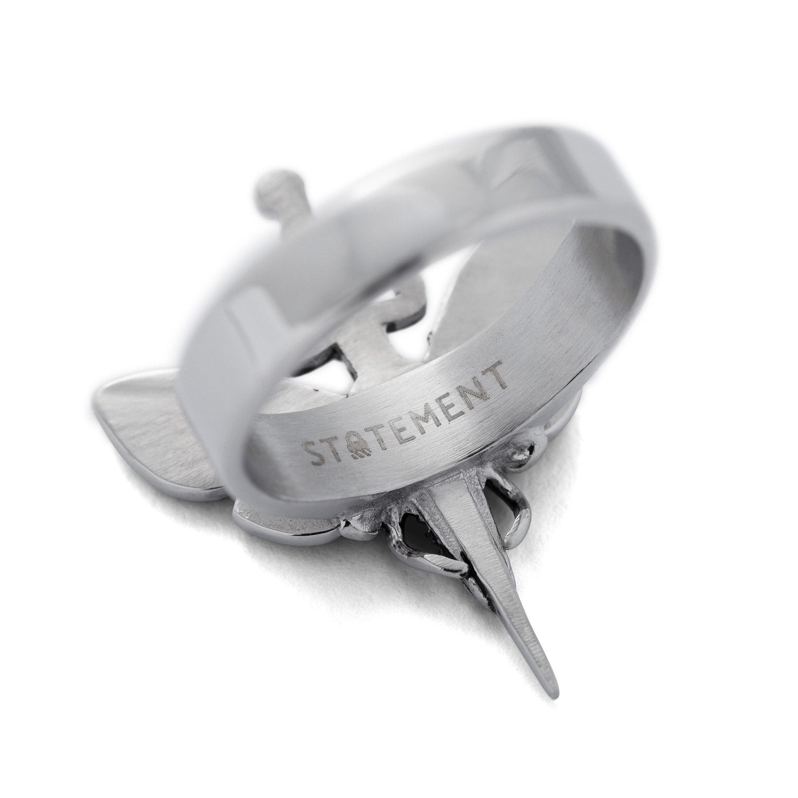 silver ring with statement logo on inner back with white background