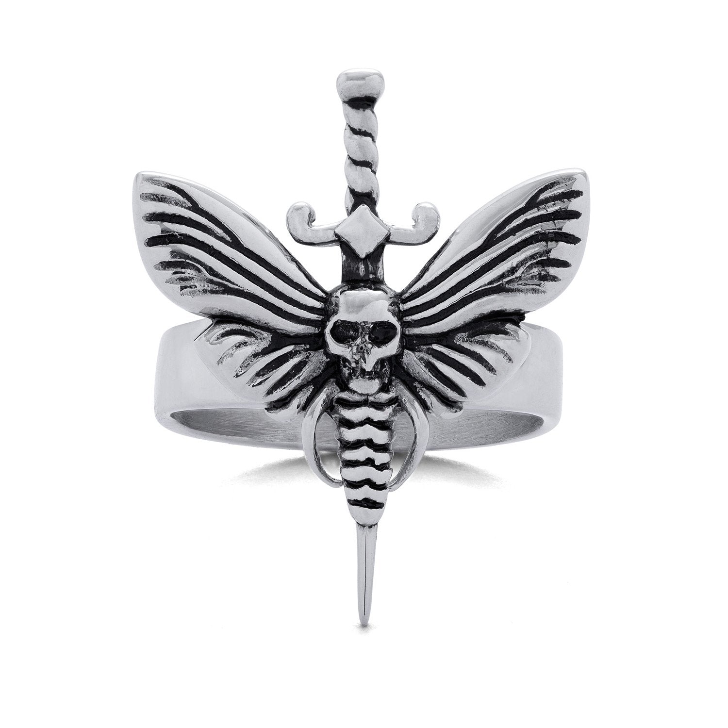 Death moth ring with dagger through centre facing forward on white background
