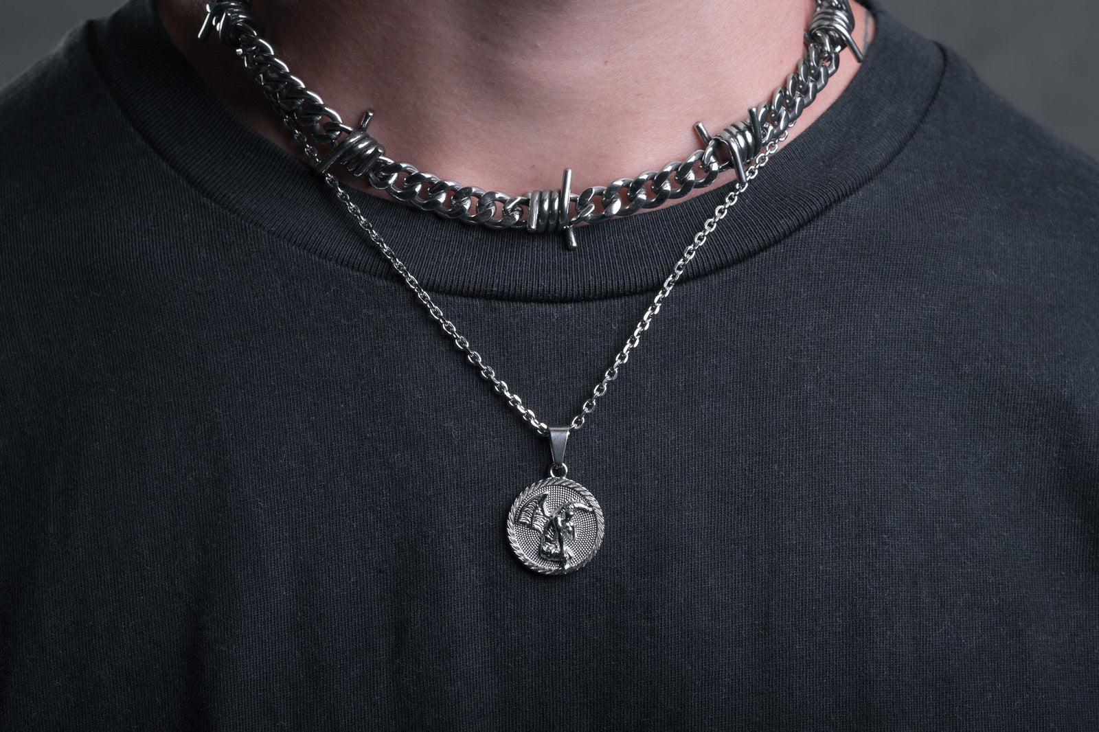 Fresh Vibes Black Stones Silver Jesus Christ Pendant Long Necklace Chain  for Boys - Fancy Casual Use