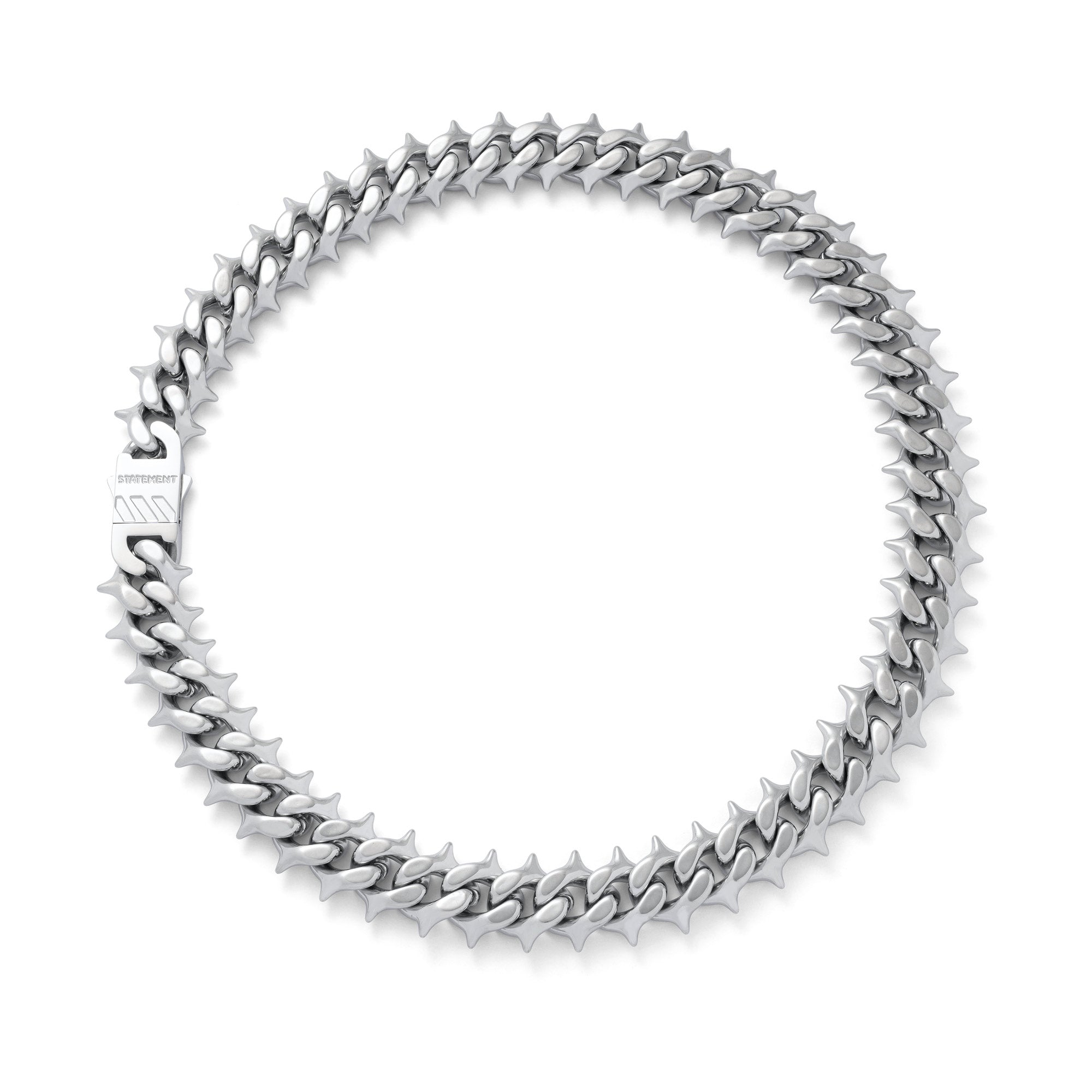 Silver Cuban chain with spikes on every link.