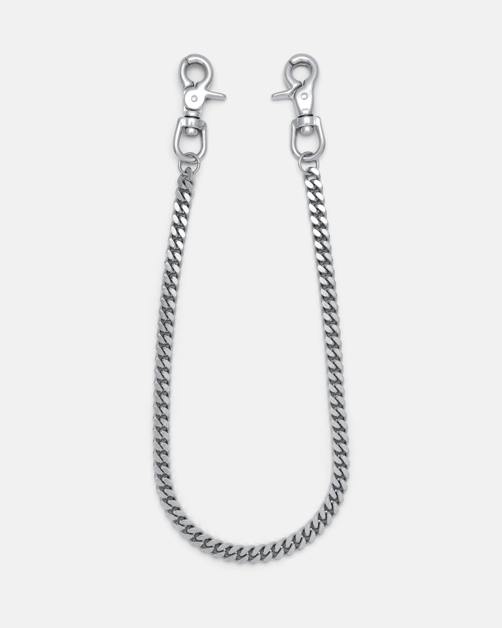 The 11mm Cuban Wallet Chain, made from silver-toned 316L stainless steel with thick curb links and clasp hooks on both ends, is displayed on a plain light gray background.
