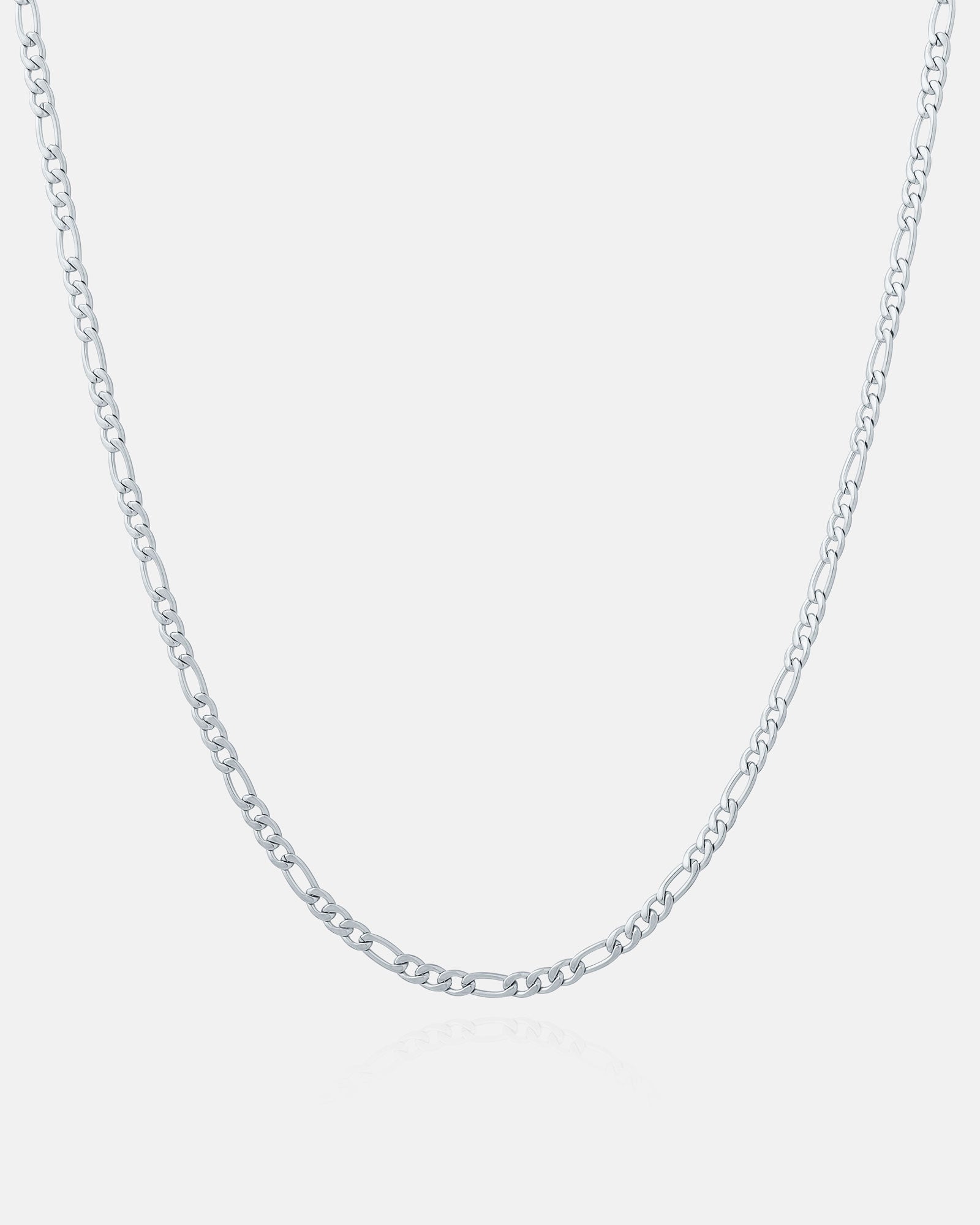 The 2.9mm Figaro Chain is a simple, thin stainless steel necklace featuring small, uniform links. It's non-tarnish, durable, and shown against a plain white background.