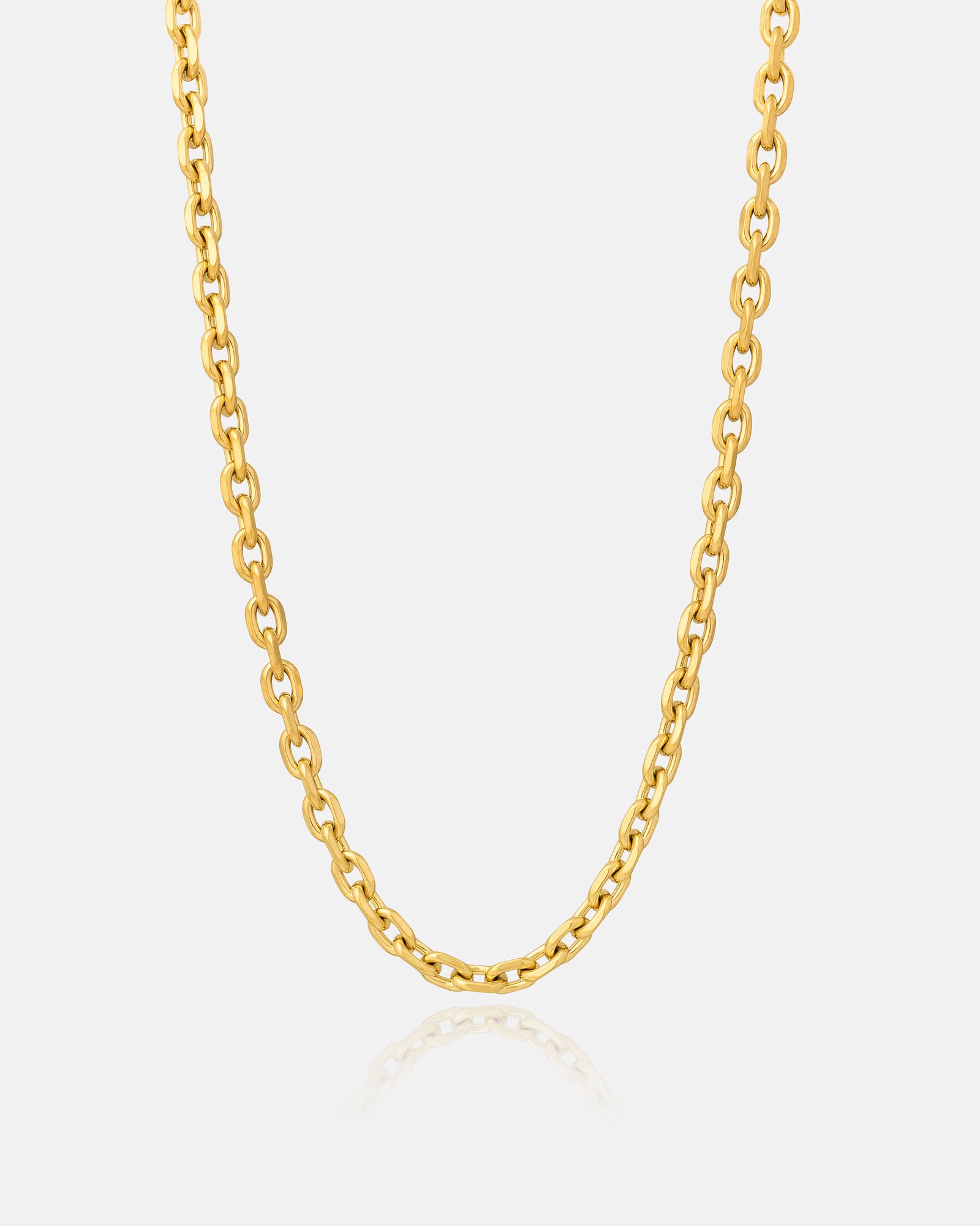 The 4.5mm Cable Chain (Gold) is an 18k gold plated necklace with oval, bevelled links and a polished, reflective finish, displayed against a plain white background.