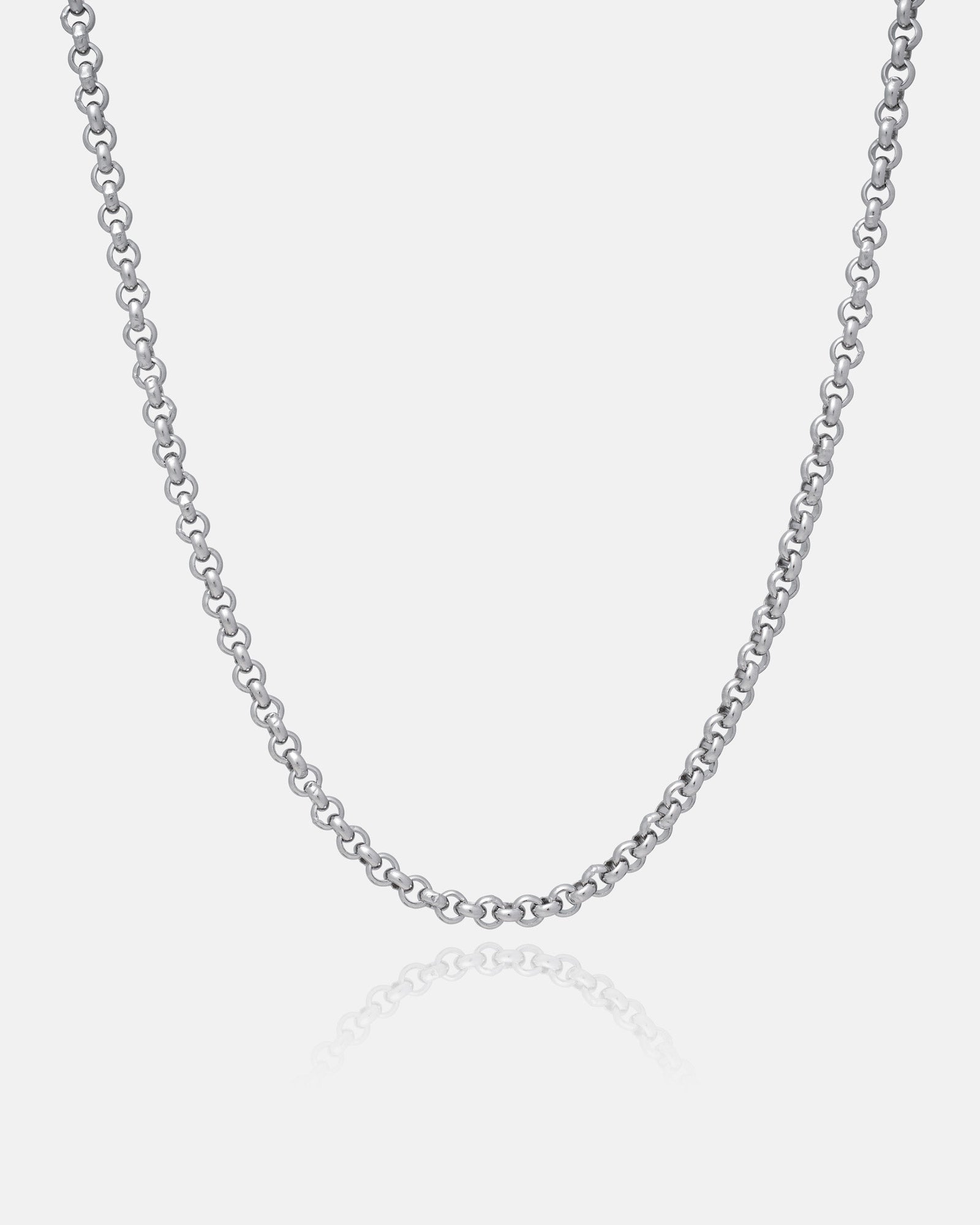 4mm rolo chain silver necklace on a light gray background