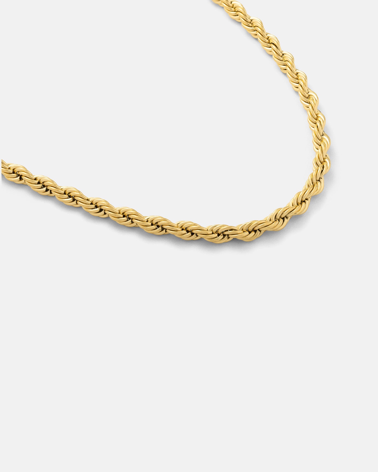 The 4mm Rope Chain (Gold) is shown on a plain white background, highlighting its twisted, textured design. This 18k gold necklace brings elegance and timeless style to any outfit.