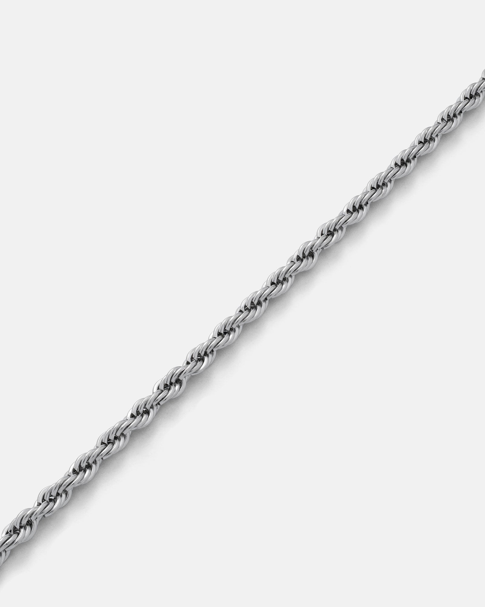 A close-up of the 4mm Rope Chain is displayed diagonally on a plain white background, showcasing this classic necklace.