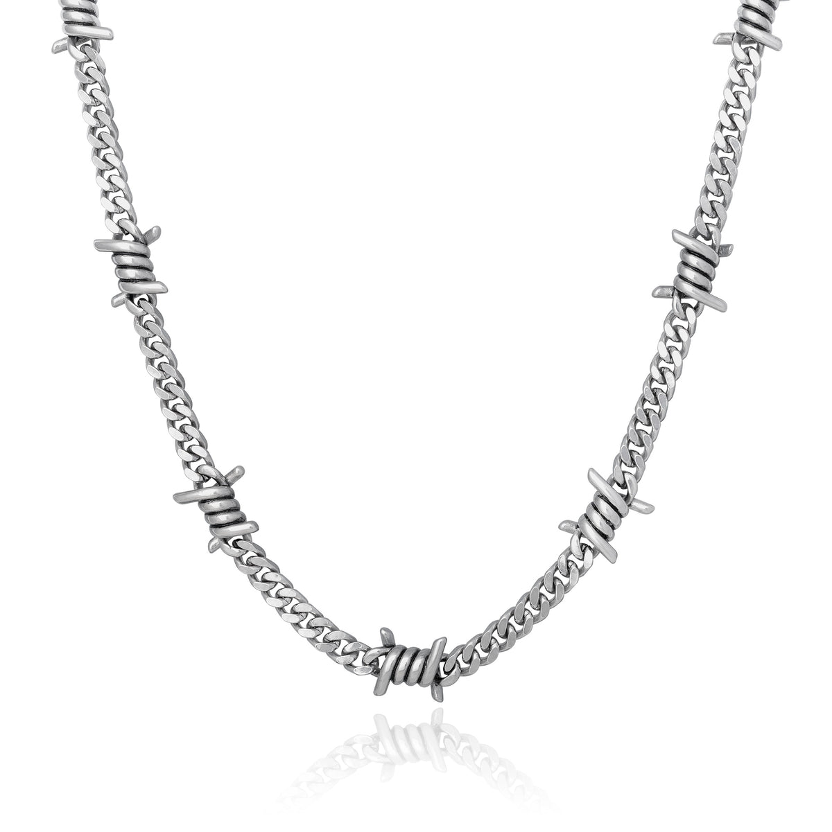 Silver cuban link necklace chain with barbed wire pendants