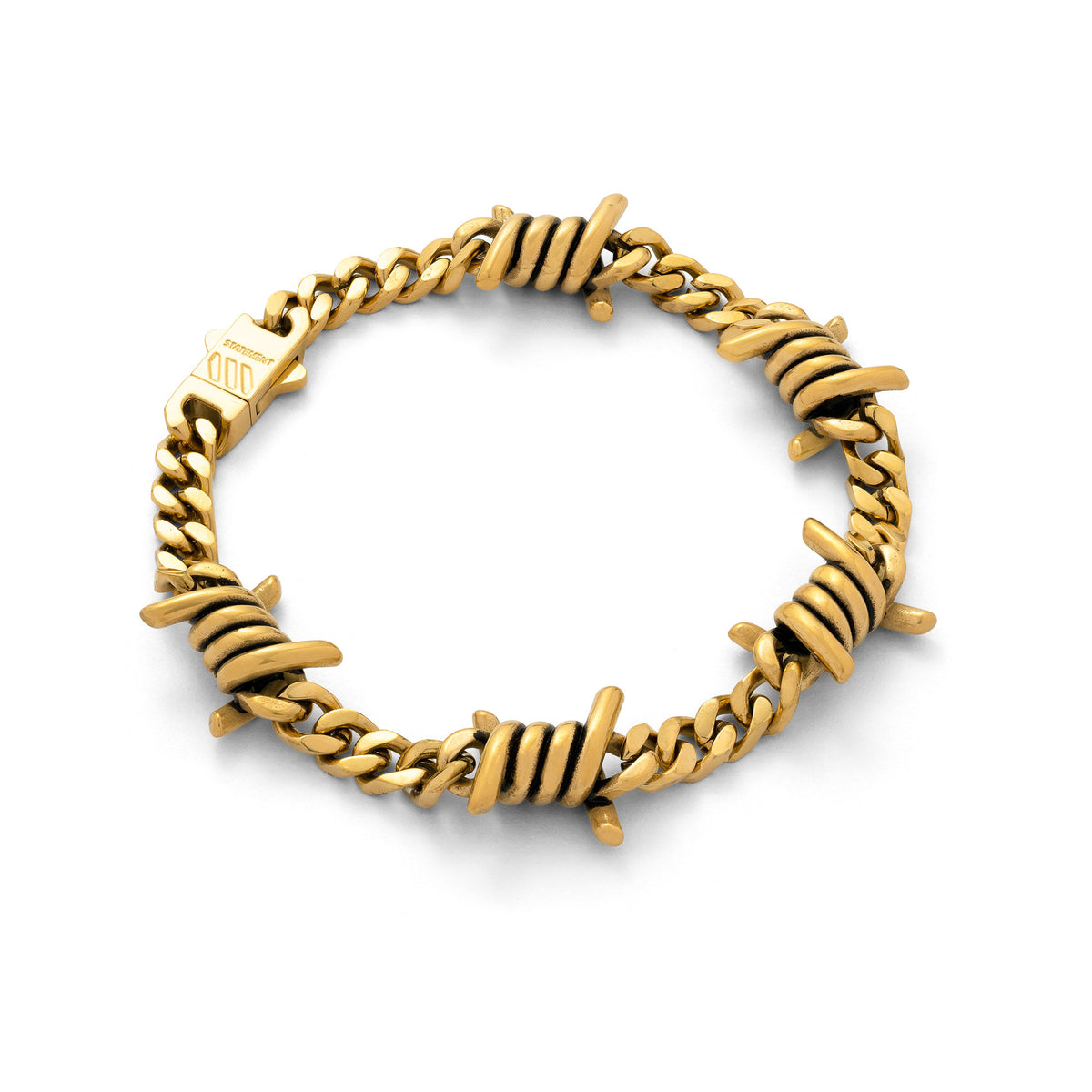 Unisex charm bracelet with barbed wire pendants in gold