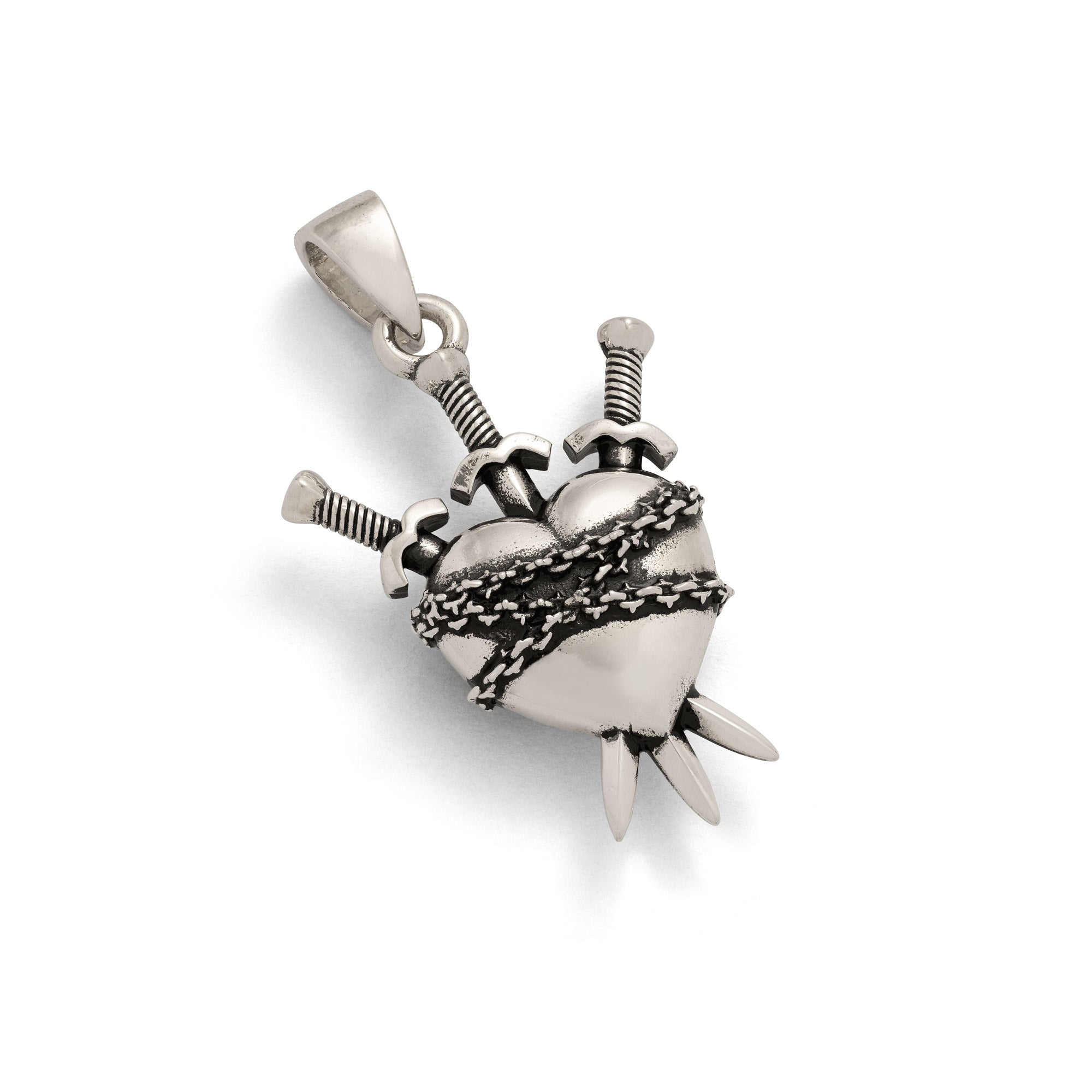 silver heart shaped pendant with 3 swords going through it and wrapped in chain 