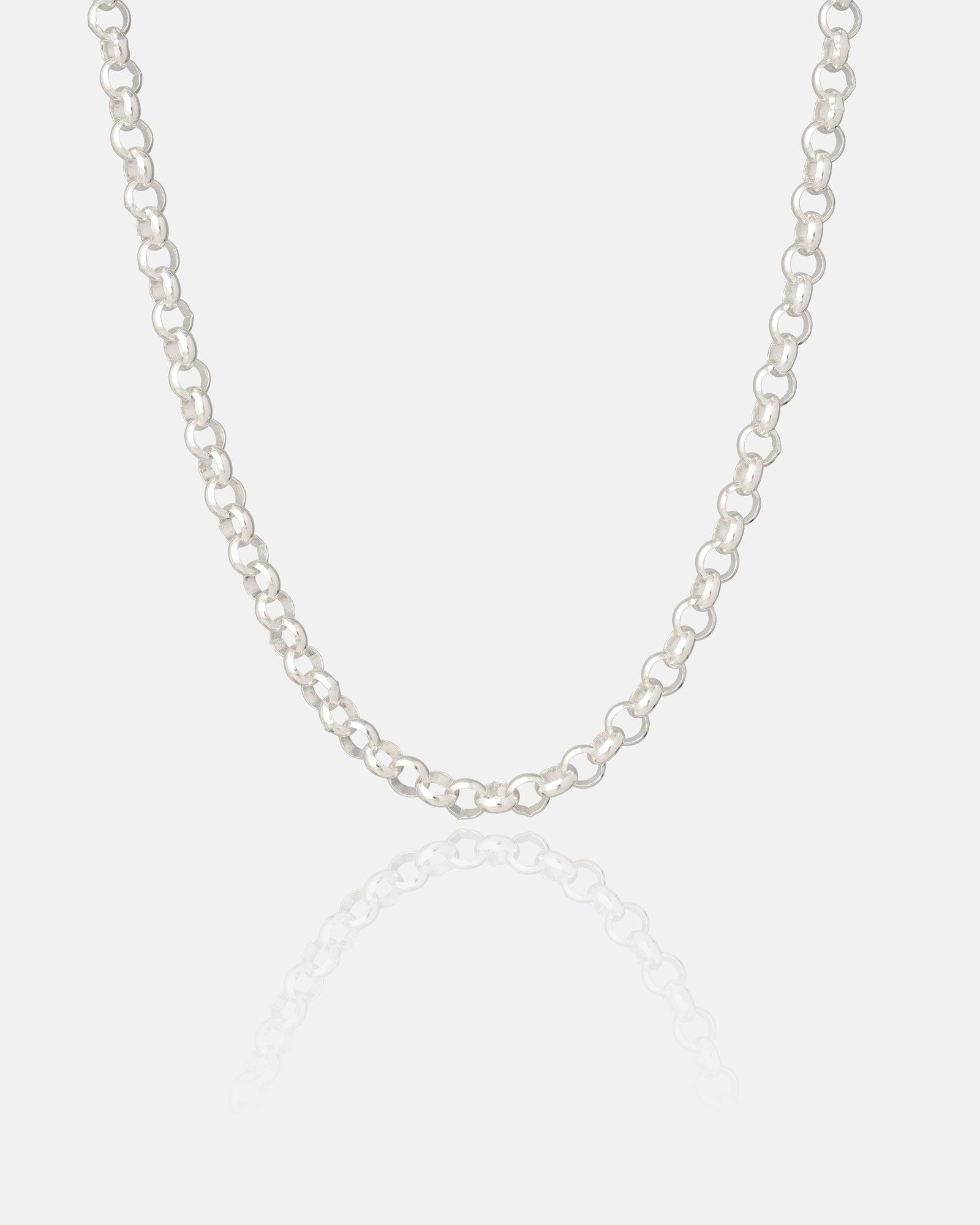 A Statement Collective 925 Sterling Silver 5mm Rolo Chain necklace, featuring round links, is shown on a plain white background with a subtle reflection below.