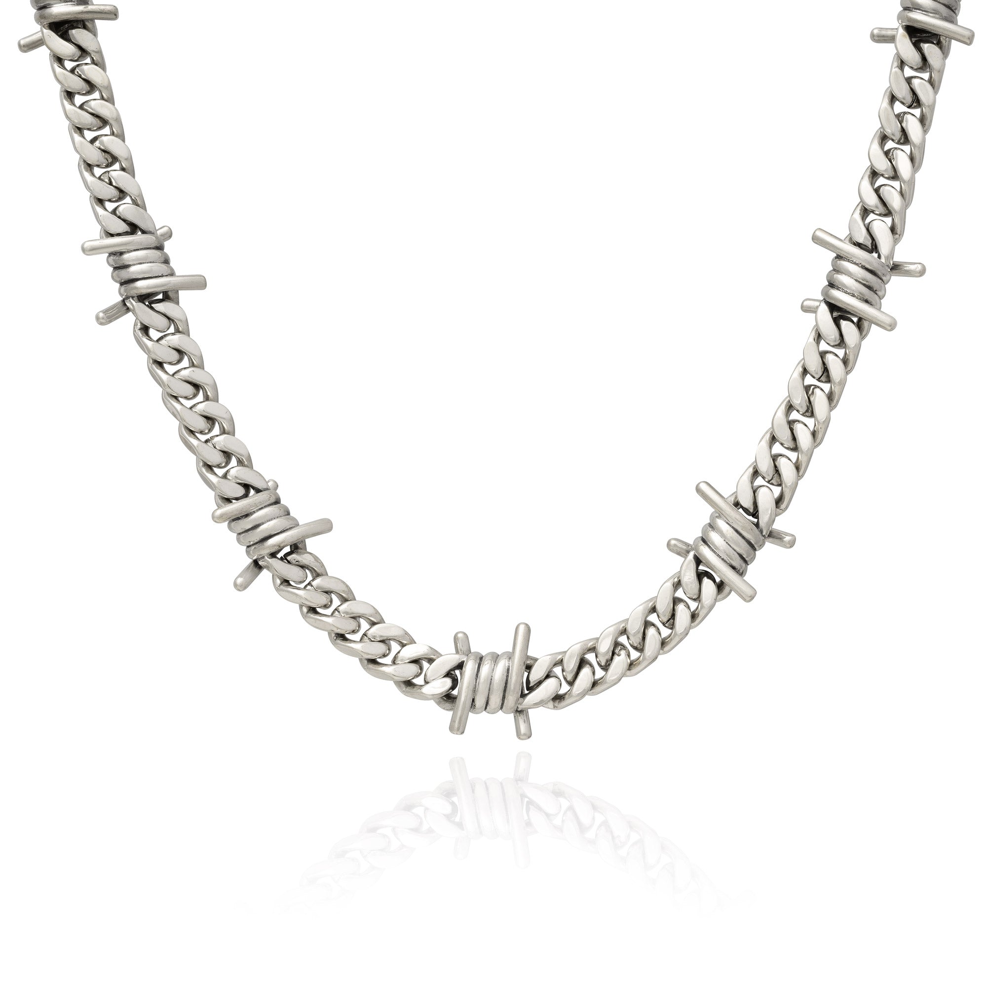 Sterling Silver 9mm Barbed wire chain on white background 