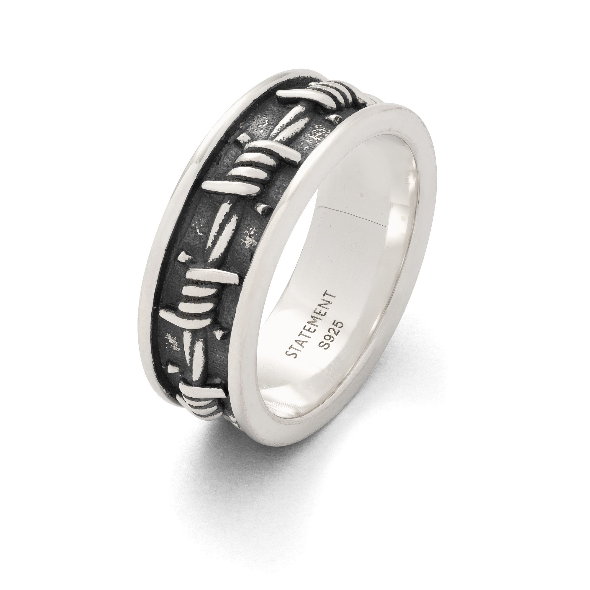 925 sterling silver band ring with barbed wire pattern by statement collective