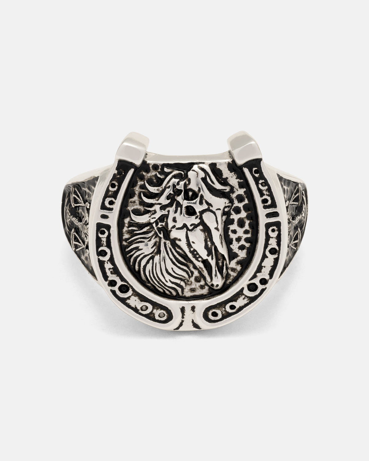 925 Sterling Silver Bronco Ring featuring a horse head centered within a gothic horseshoe motif.