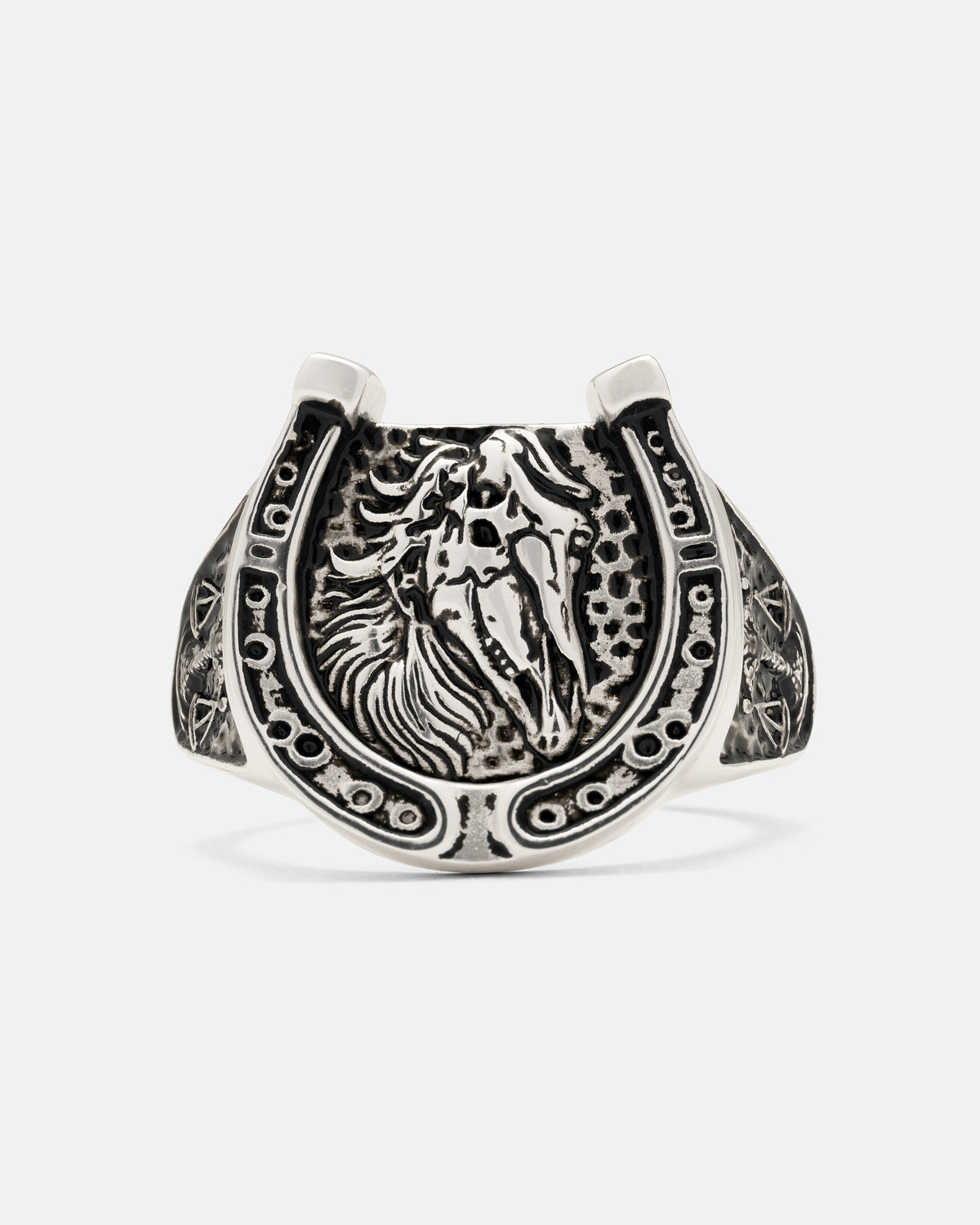 925 Sterling Silver Bronco Ring featuring a horse head centered within a horseshoe design in the style of a macabre bronco ring.
