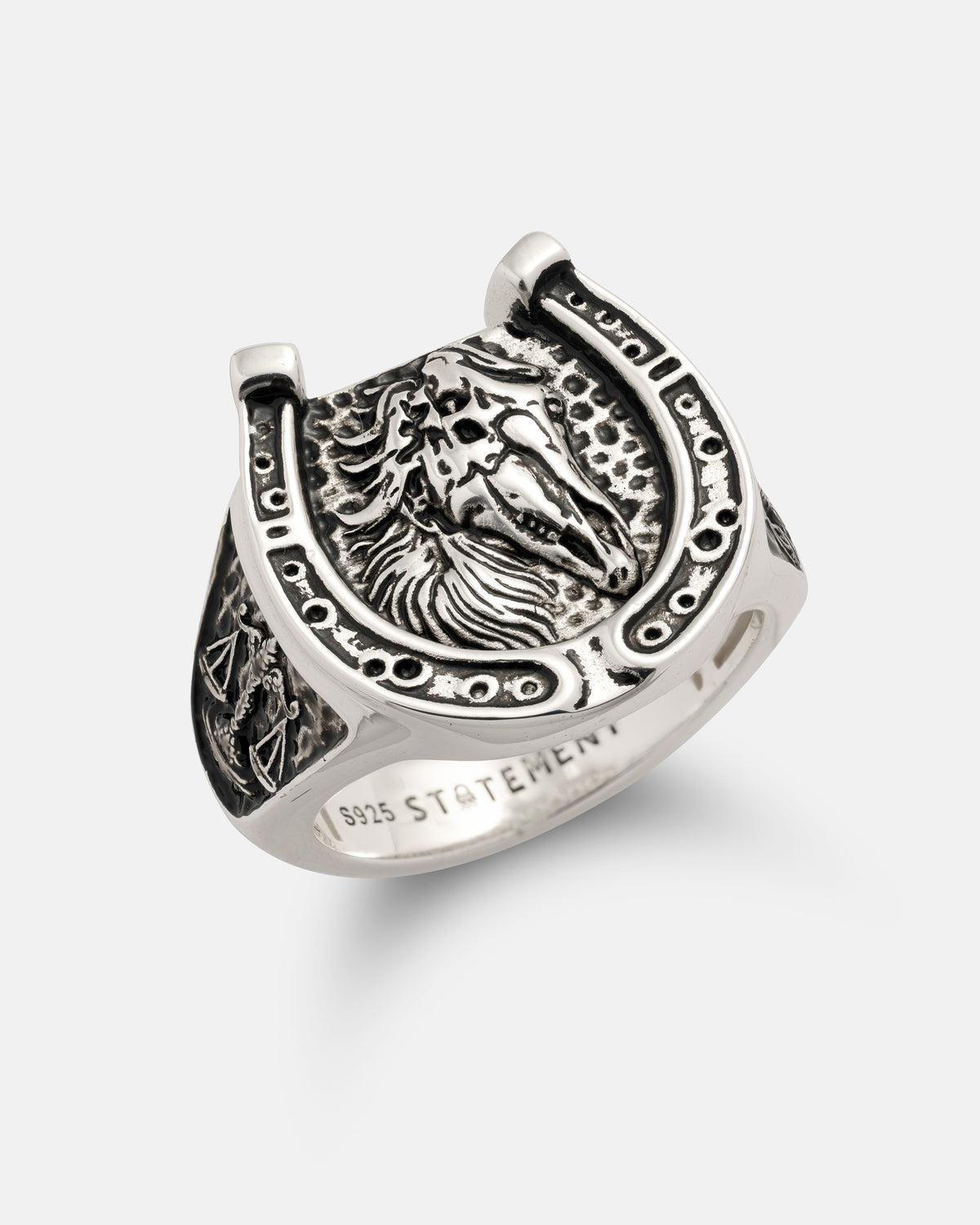 925 Sterling Silver Bronco ring featuring a horse head inside a horseshoe, with the scales of justice engraved on the side.