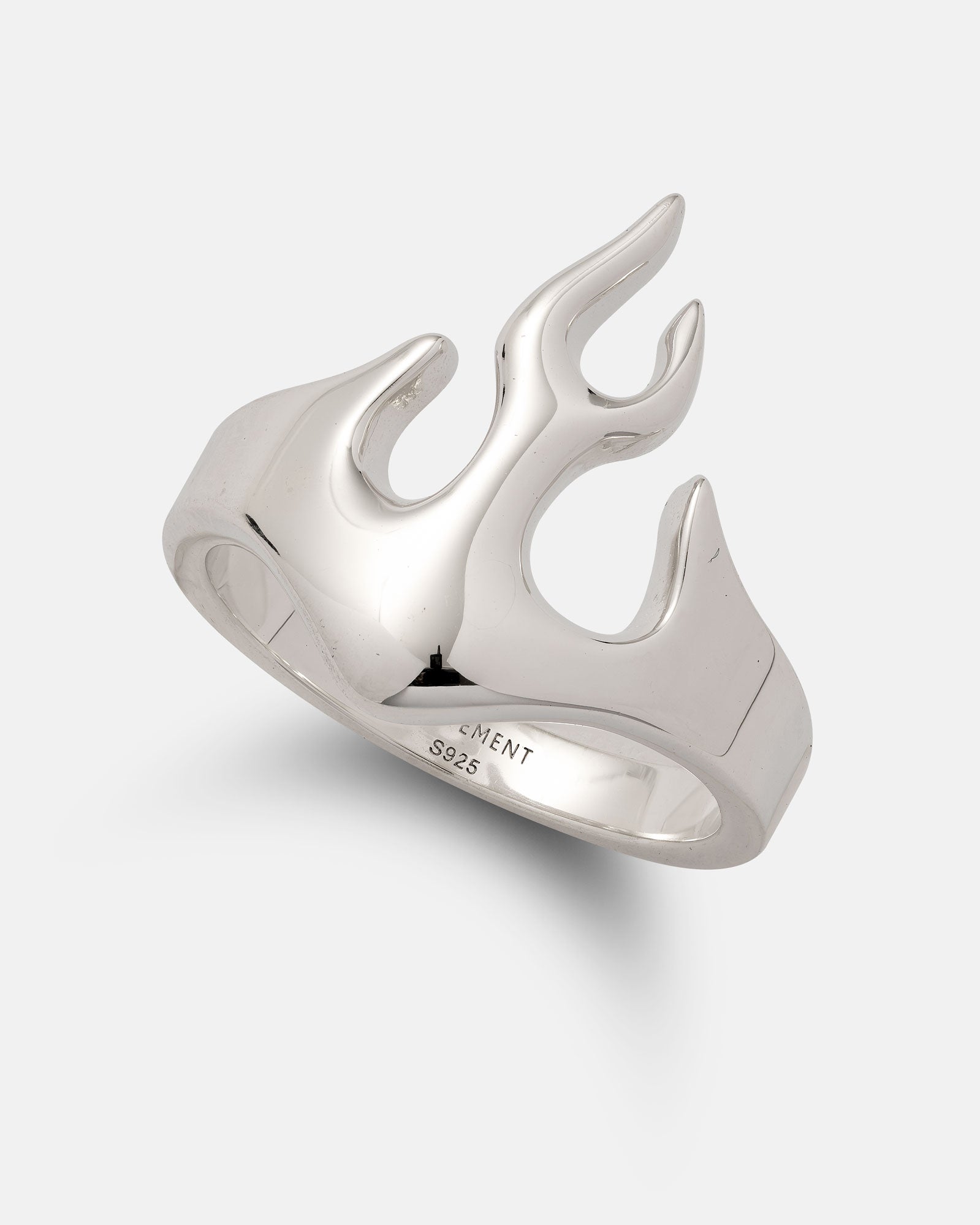 A 925 Sterling Silver Flame Ring by Statement Collective, featuring smooth, flowing edges and a polished finish in a stylized flame design, displayed on a plain light background. This elegant piece of jewellery captures the beauty of fire in shimmering metal, making it a striking addition to any collection.