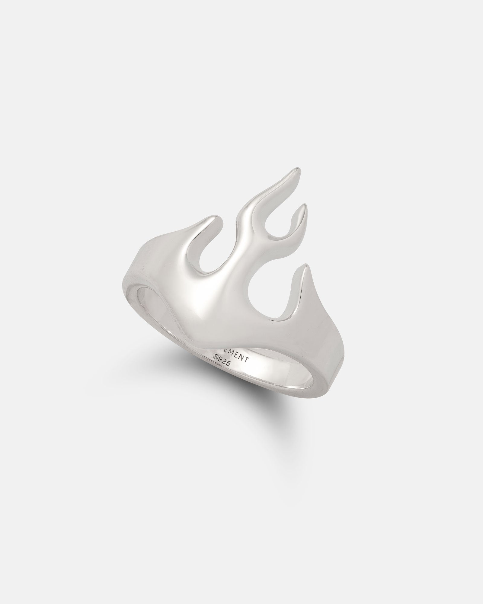The 925 Sterling Silver Flame Ring features a bold flame motif with three flame-like points rising from the band, expertly crafted and shown on a white background.