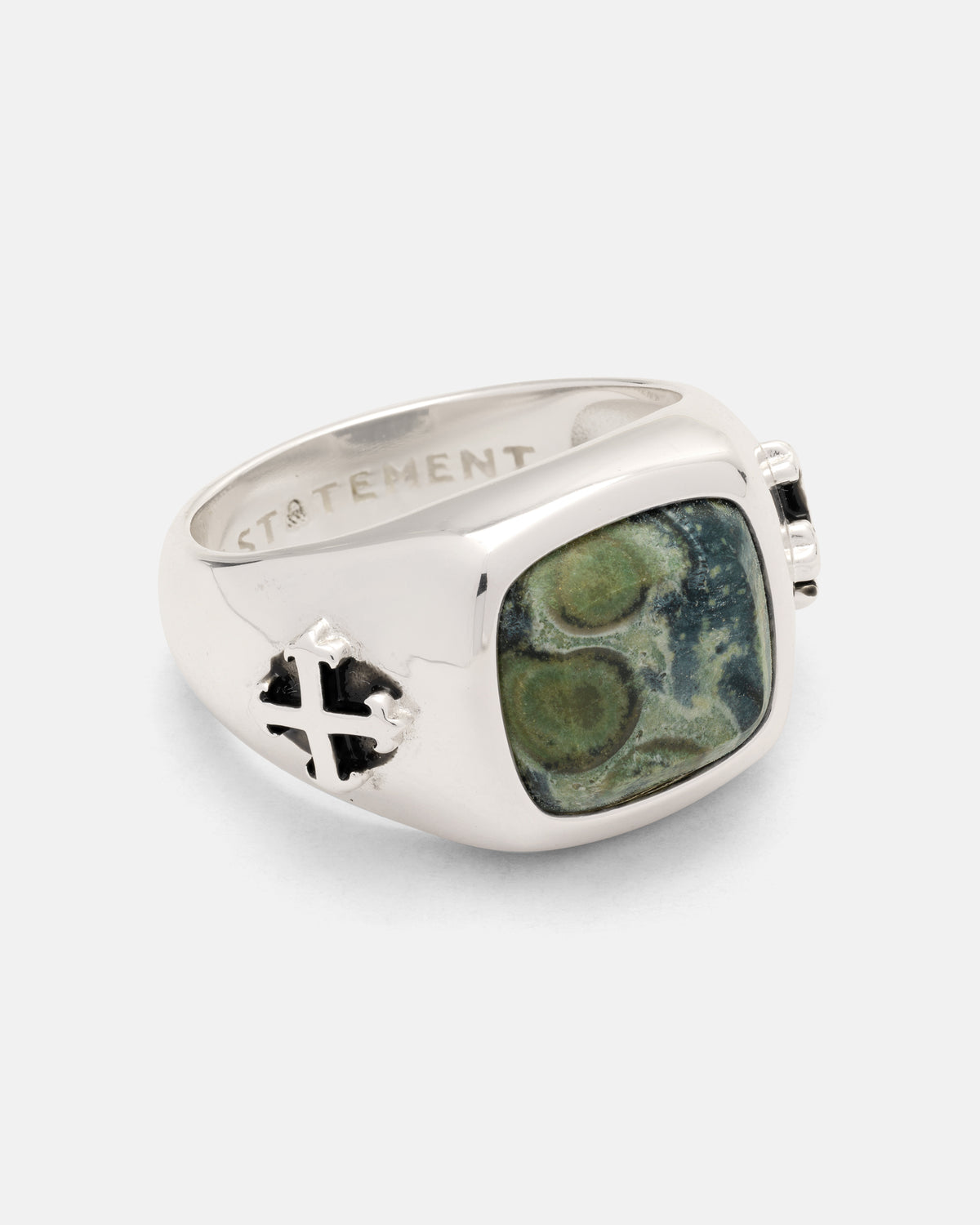 Statement Collective 925 Sterling Silver Kambaba Jasper Stone Ring featuring a square, green and black patterned stone with a cross cutout on the side.