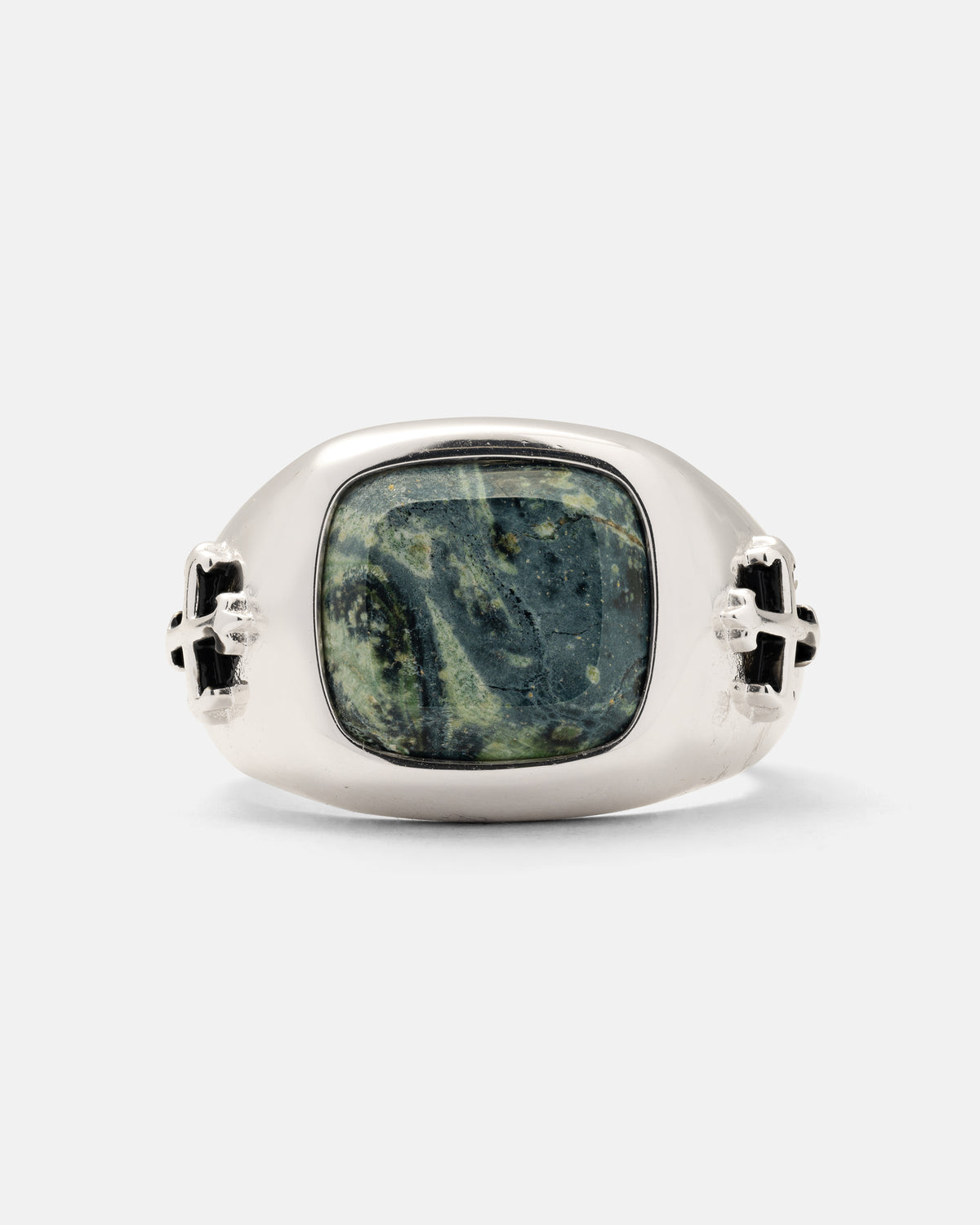925 Sterling Silver Kambaba Jasper Stone Ring featuring a rectangular green and black patterned stone set in the center, with tattoo-inspired cross emblems on each side of the band.