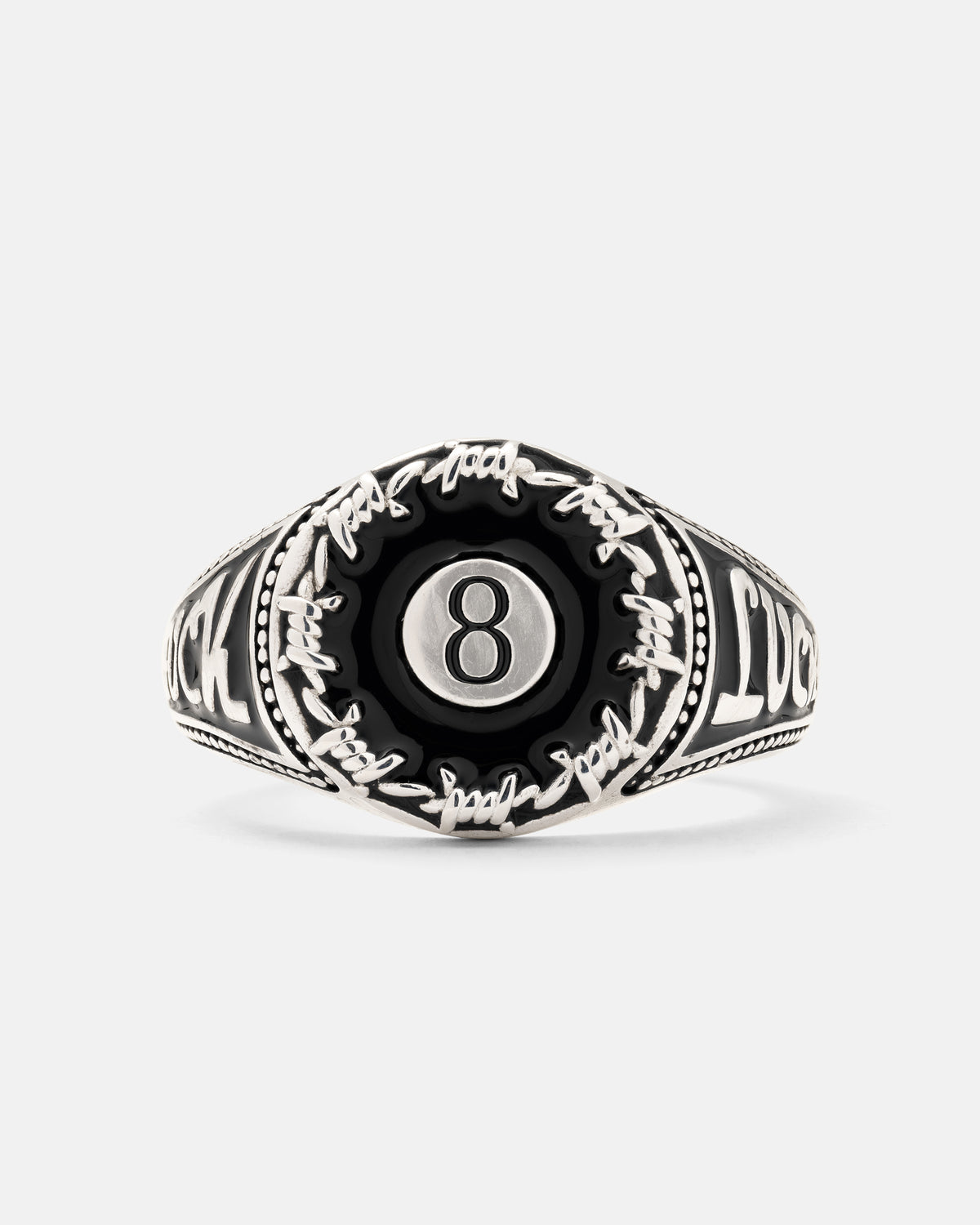 925 Sterling Silver Lucky Shot Ring featuring an 8-ball design, wire-like detailing, and engraved side text.