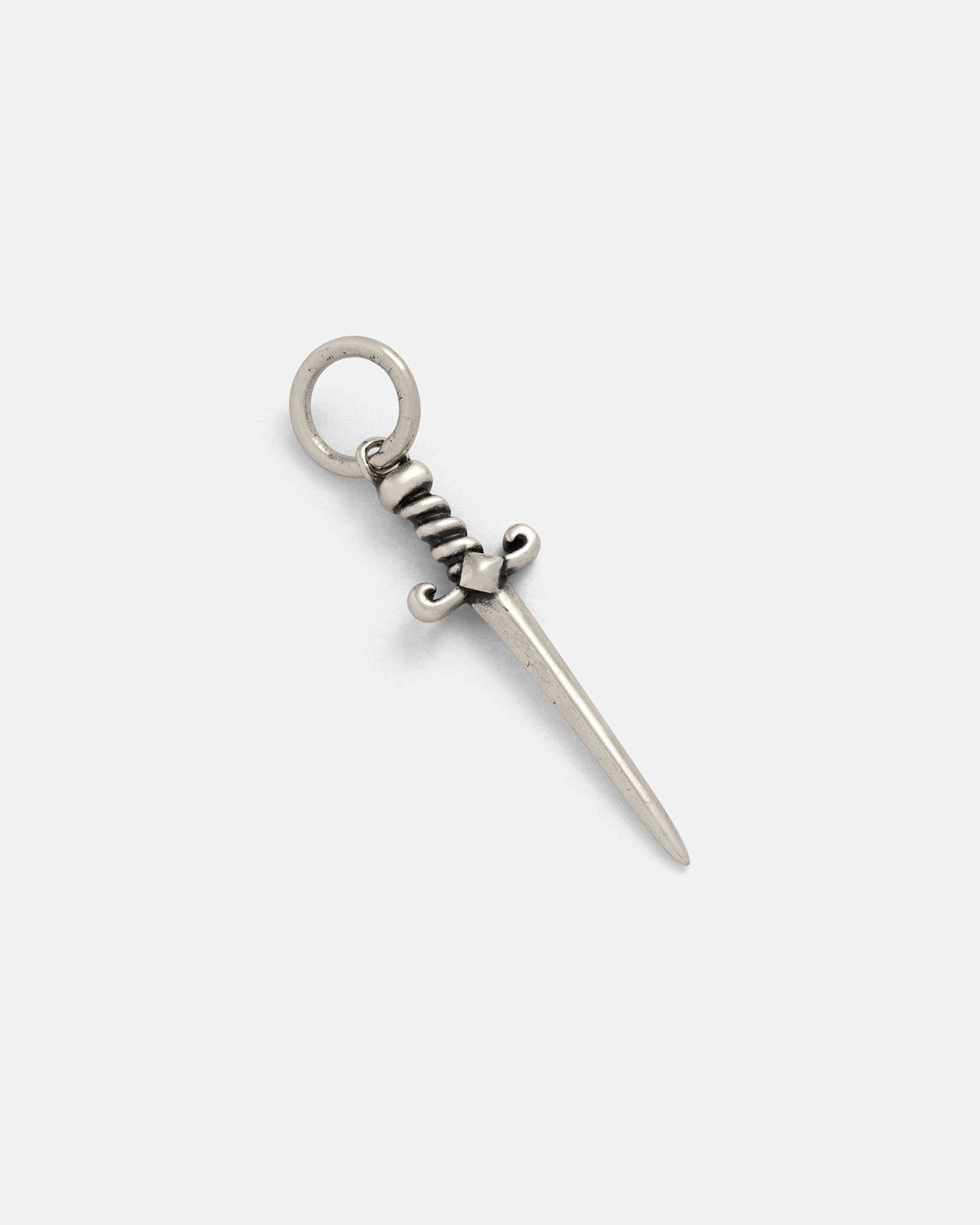 Introducing the 925 Sterling Silver Mini Dagger Pendant by Statement Collective—a small, silver-colored charm featuring a loop at the top for easy attachment to a necklace or bracelet. Channeling the bold edge of rock-inspired jewelry, this artisanal piece is perfect for elevating your sterling silver collection and is presented against a plain white background.