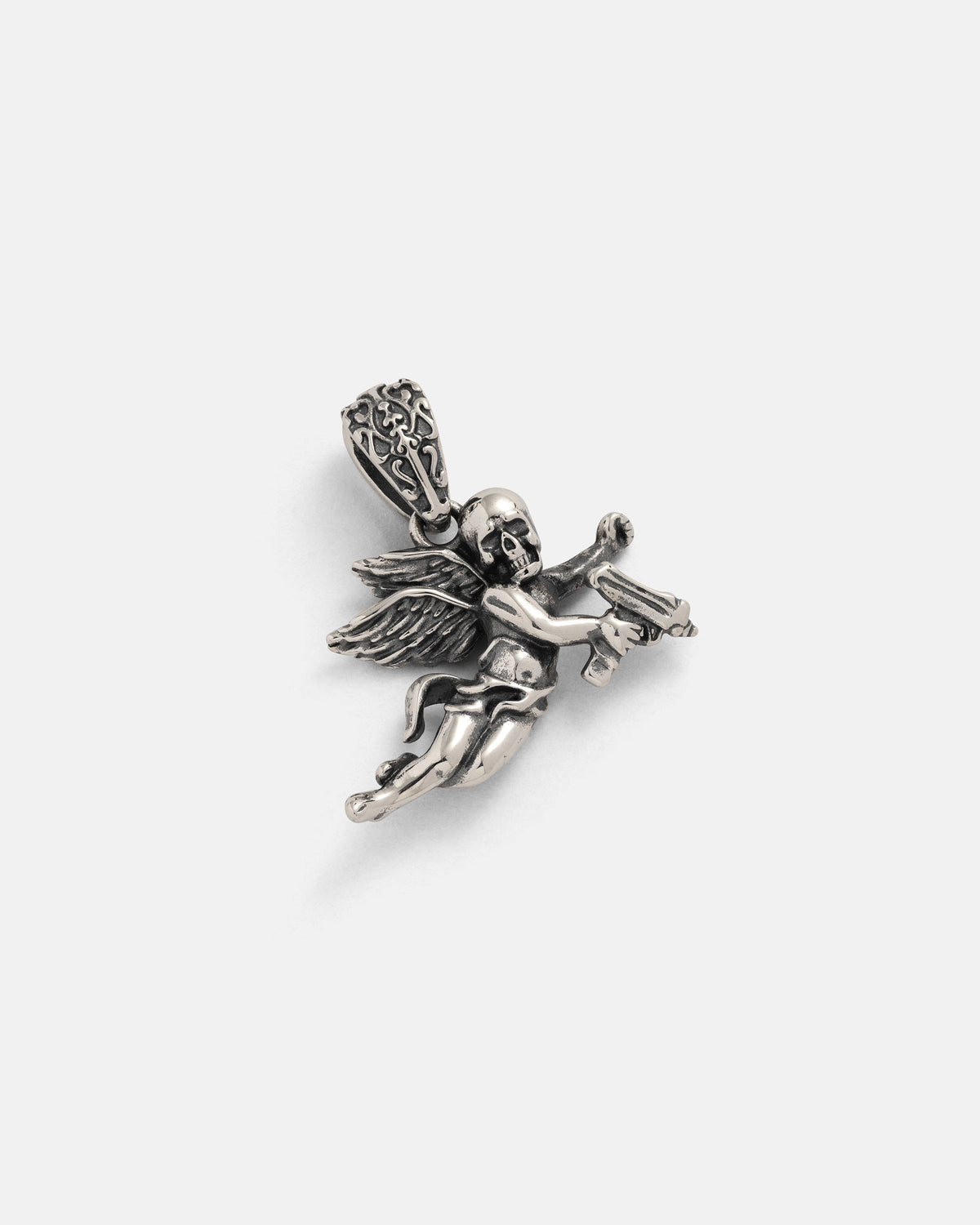 Introducing the 925 Sterling Silver Mini "Deaths Cupid" Pendant by Statement Collective—a striking piece of rock jewelry designed as a winged angel holding a lyre. Crafted with intricate details on the wings and bail and photographed against a plain white background, this pendant artfully blends elegance with artistic edge.