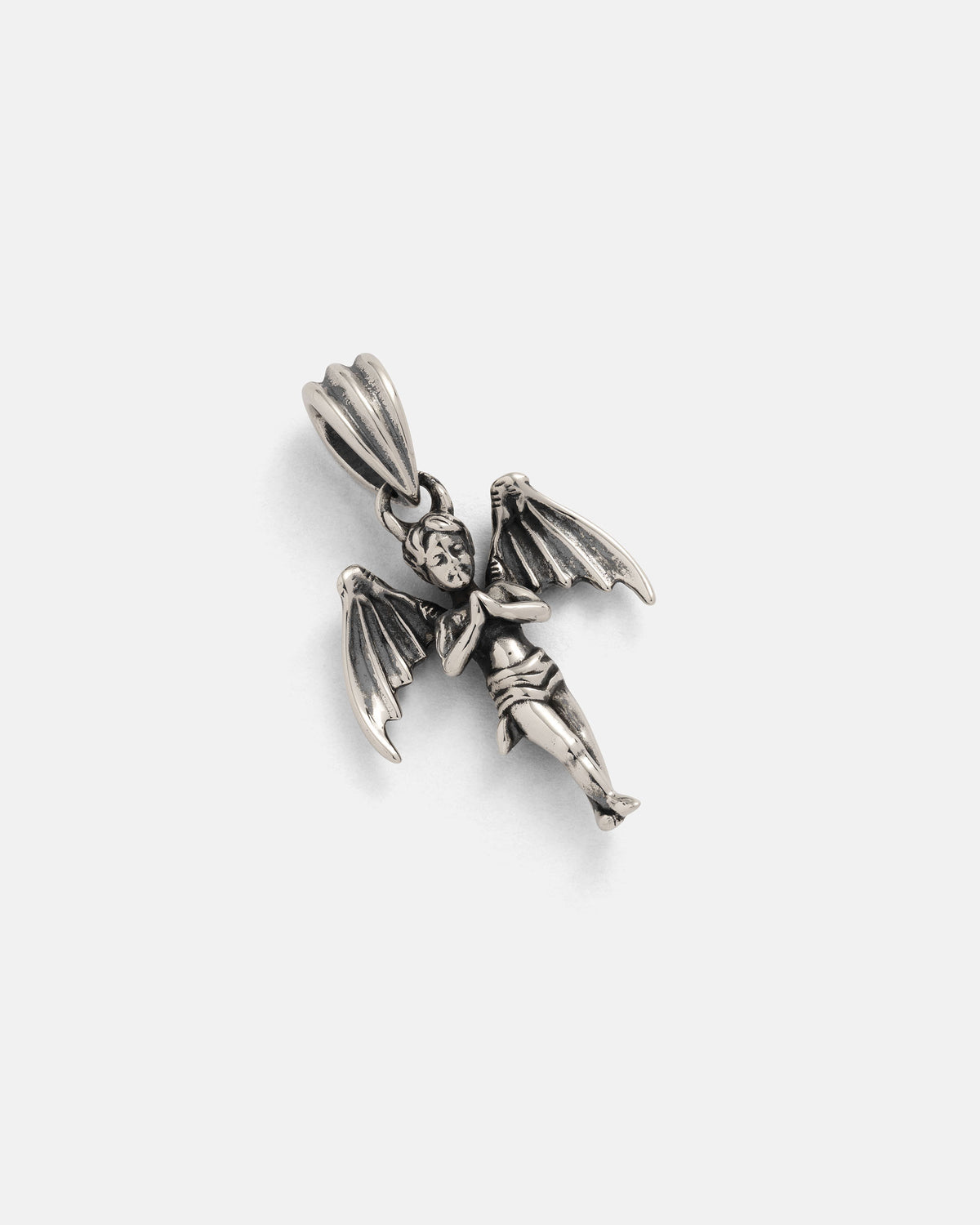 Statement Collective's 925 Sterling Silver "The Wicked One" Pendant features detailed wings and folded arms, crafted in a sterling silver jewelry style and displayed against a plain white background.