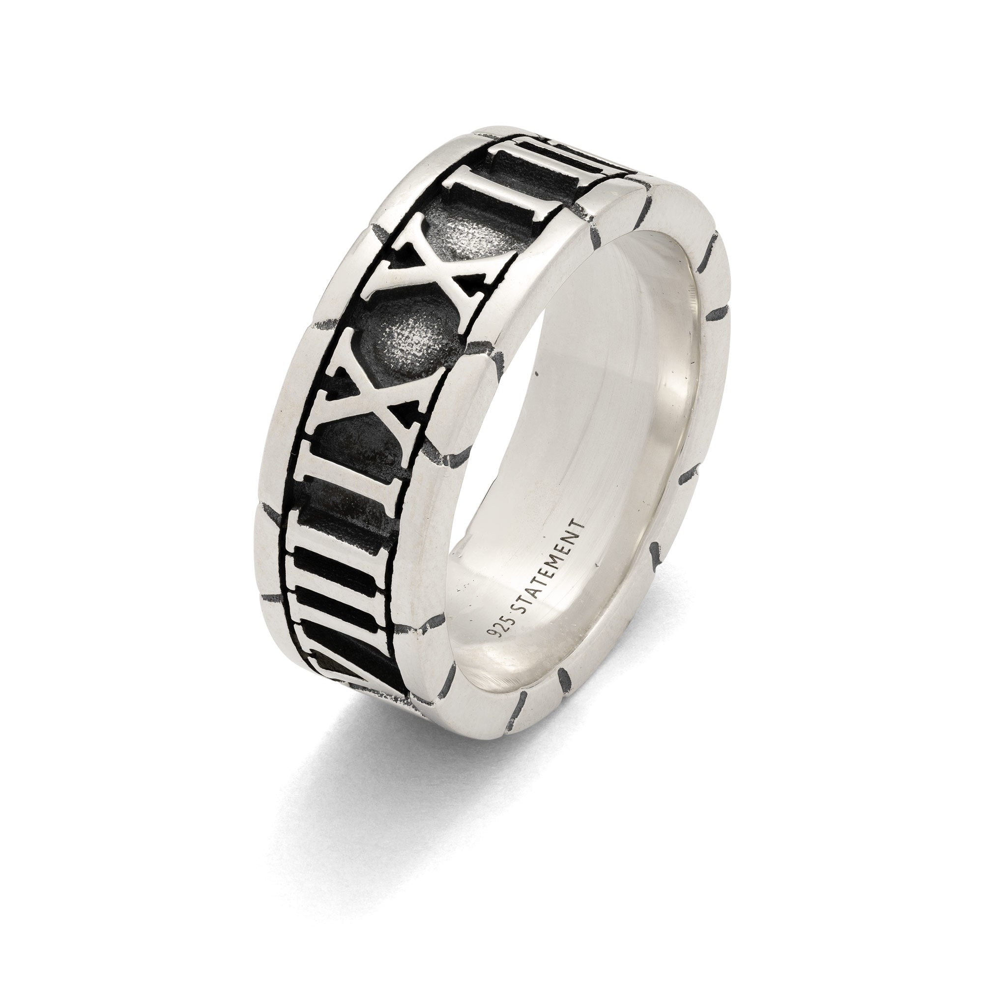 Sterling Silver ring with Roman numeral design on a white background by statement