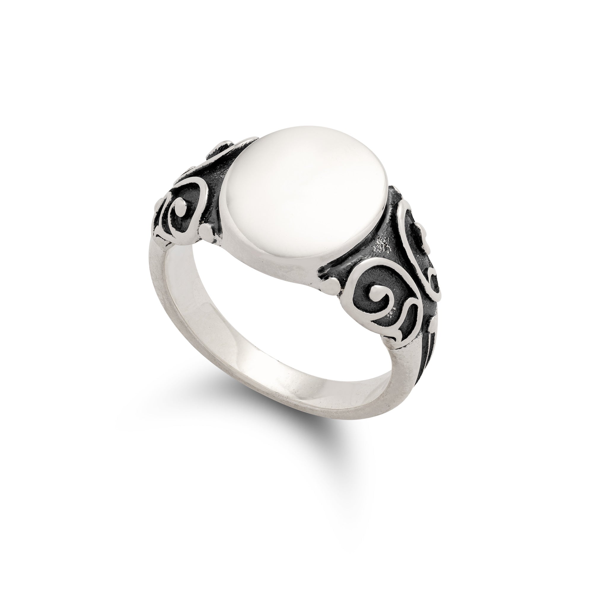 sterling silver signet ring with intricate scroll patterns on white background