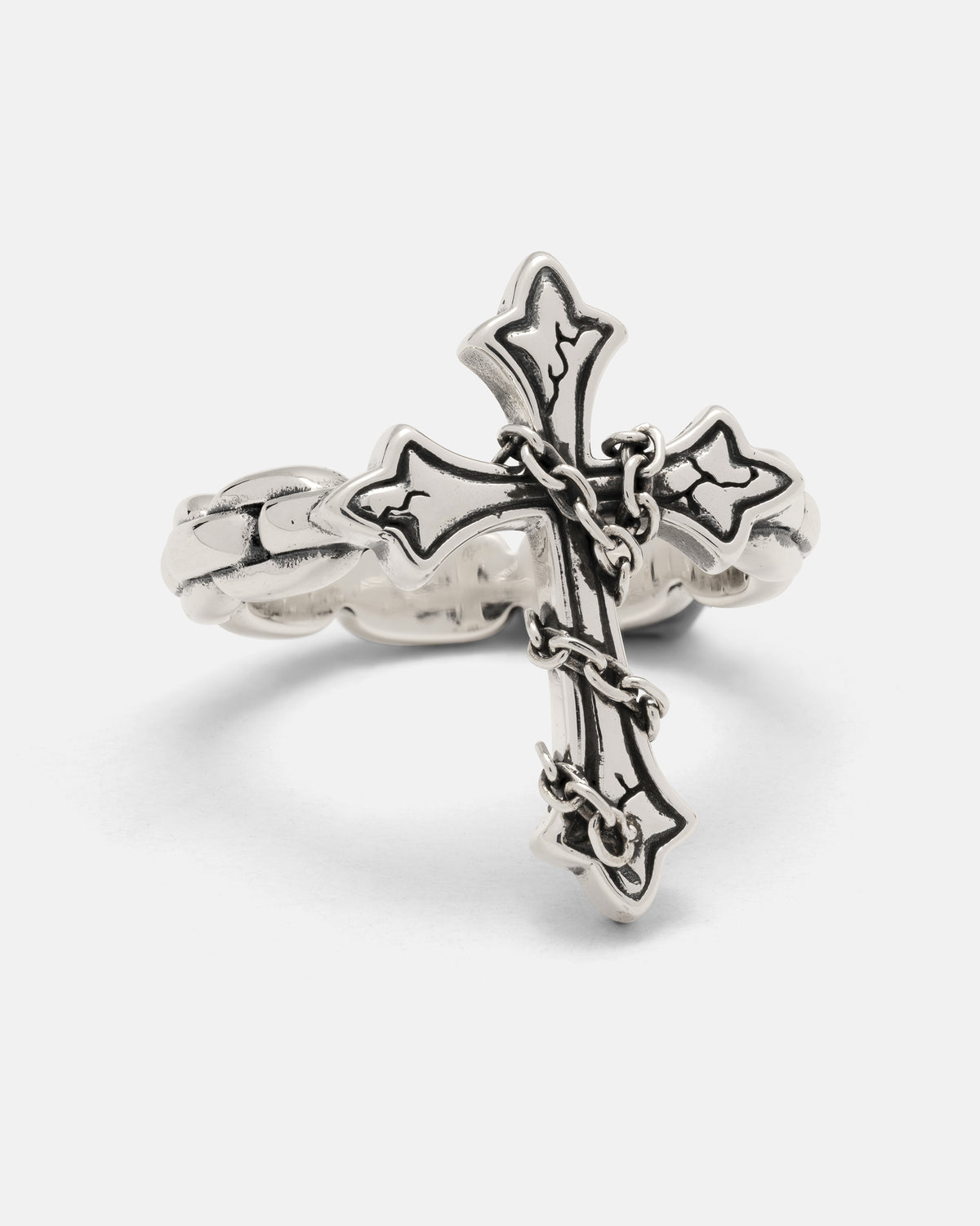 A 925 Sterling Silver The Ruins Chained Cross Ring featuring a cross emblem wrapped in a delicate metal chain.