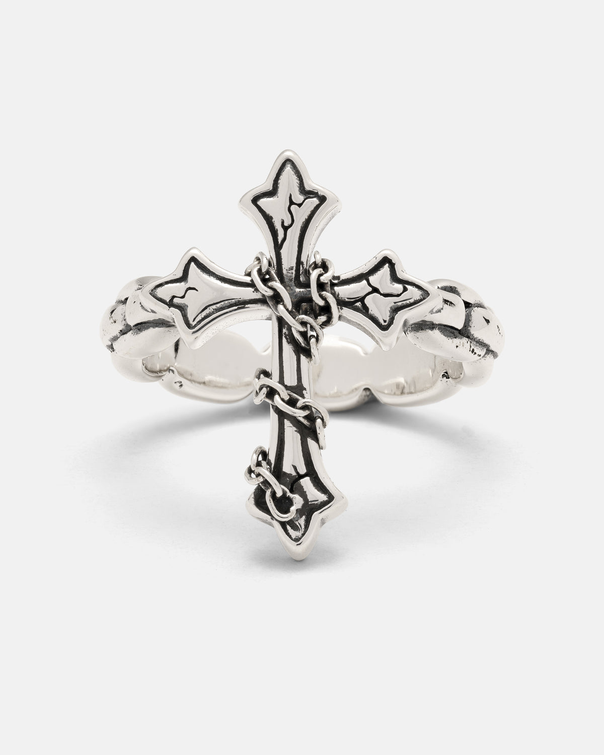 A handmade 925 Sterling Silver The Ruins Chained Cross Ring featuring a cross motif wrapped in a decorative metal chain.