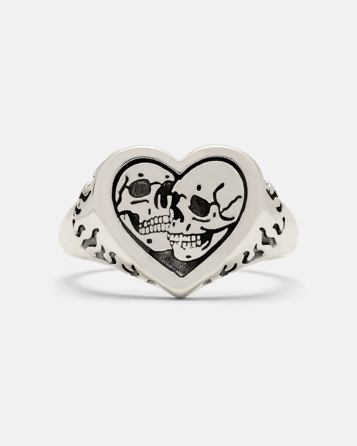 Statement Collective 925 Sterling Silver Skull Heart Ring featuring a detailed engraving of two skulls.