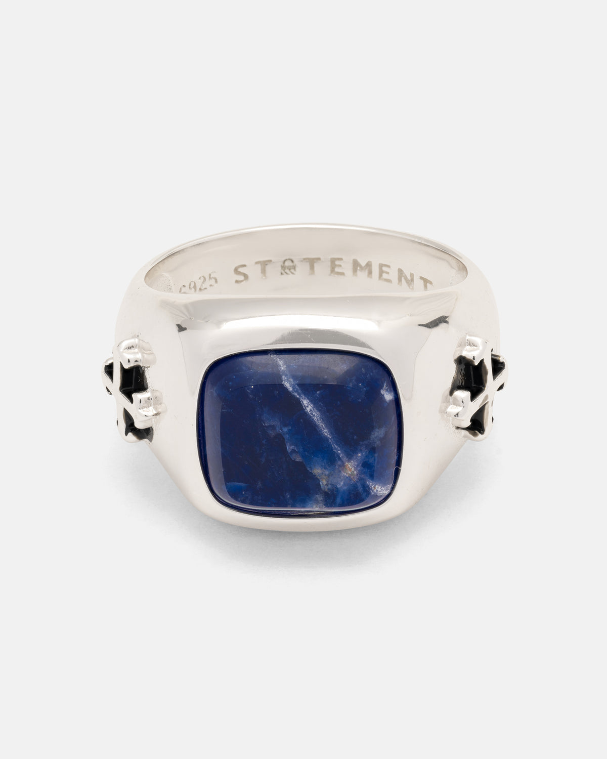 Statement Collective 925 Sterling Silver Sodalite Stone Ring featuring a rectangular blue sodalite stone and cross-shaped accents on the sides.
